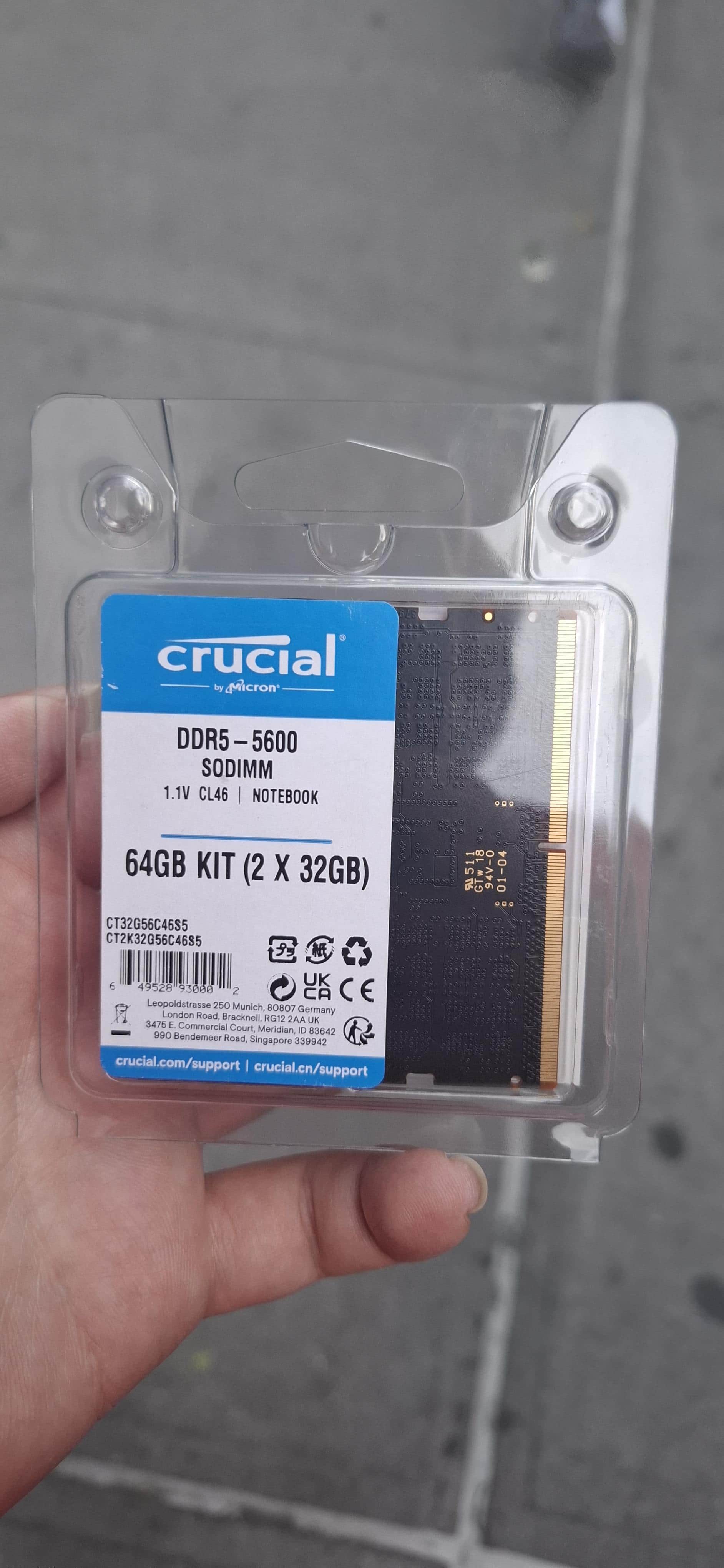 Crucial 64GB Kit (2x32GB) DDR5 5600MHz C46 SODIMM Laptop Memory