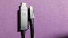 HDMI and USB-C plugs lined up, the HDMI plug is 2.3 inch from bottom of plug to braided cable., click to load a larger version