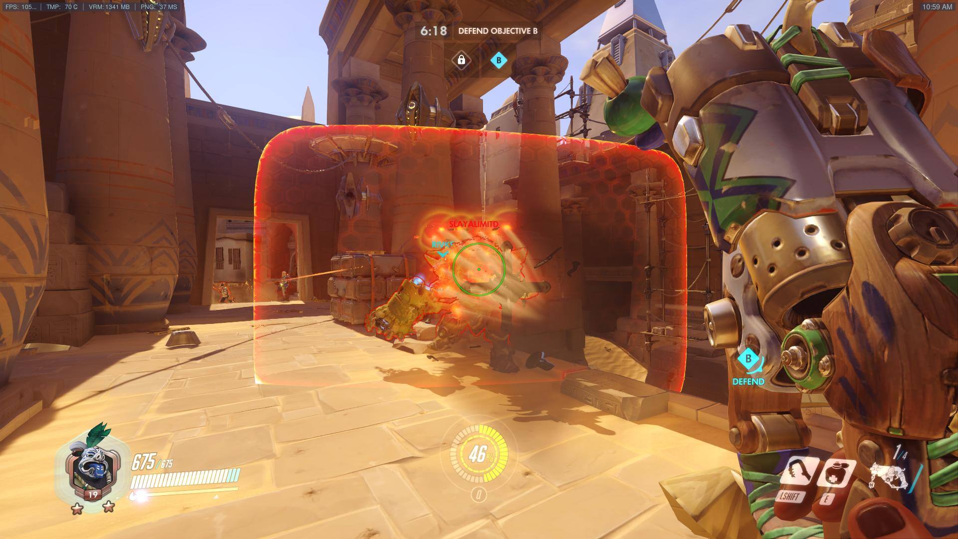A screenshot of this PC running Overwatch on maxed out settings in the middle of a firefight., click to load a larger version