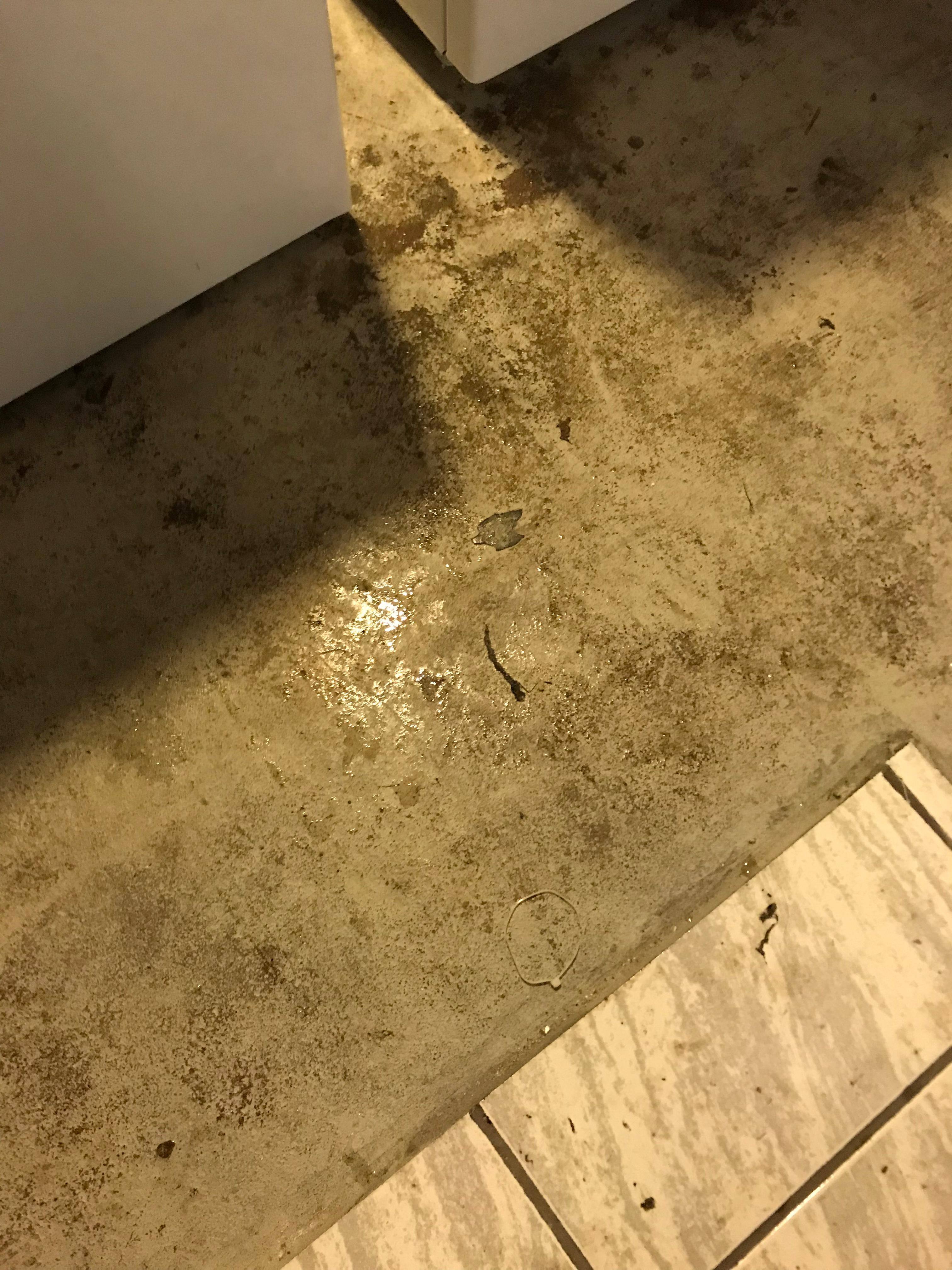 Installers spilled water all over the floor creating an unsafe condition., click to load a larger version