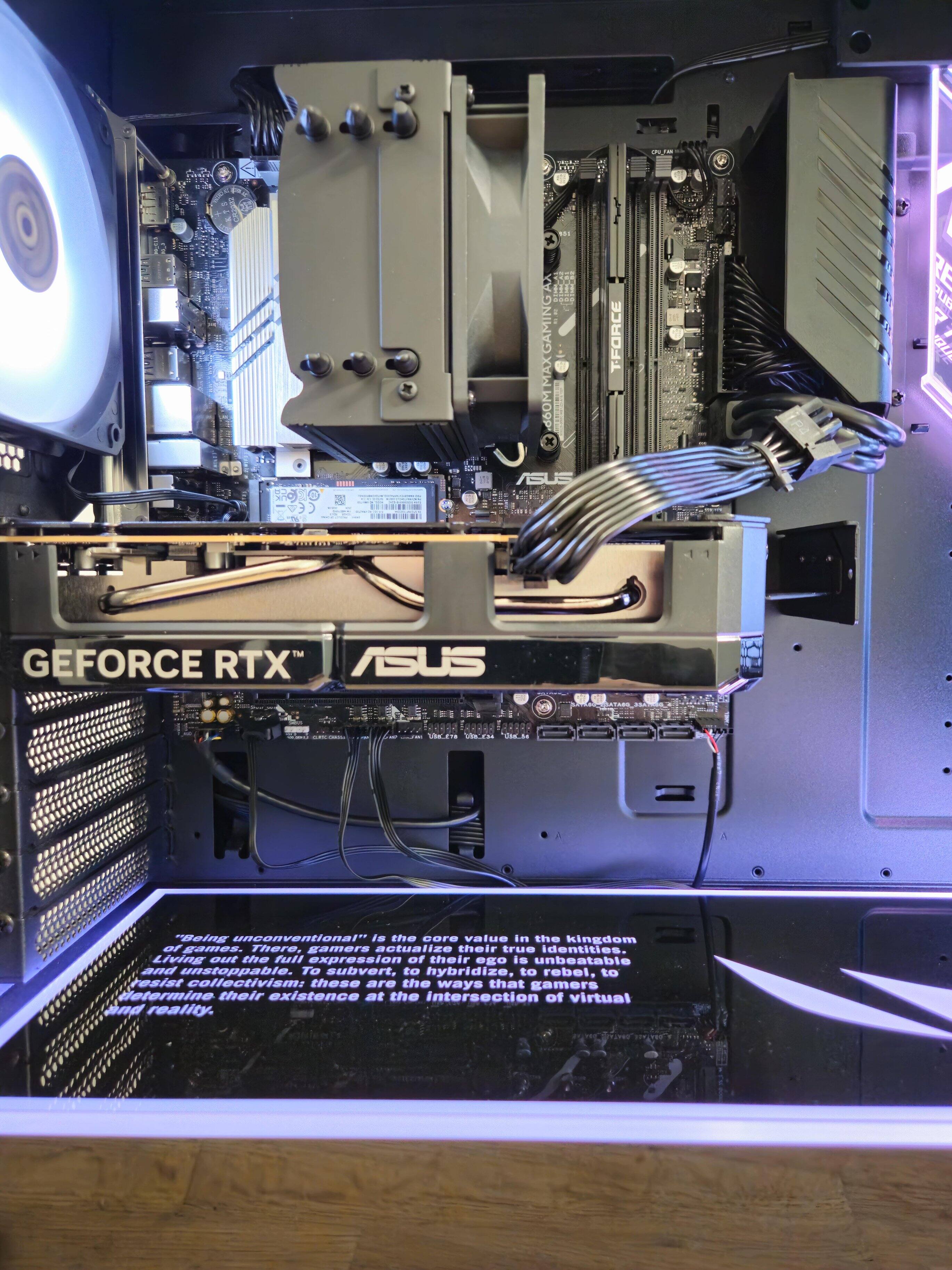 The model I got only had 1 stick of 16GB RAM.  This makes it easy to upgrade, needing only 1 more 16GB stick to get 32GB in total.  Additionally, there are 2 M.2 slots open, one below the GPU and one on the back of the motherboard., click to load a larger version