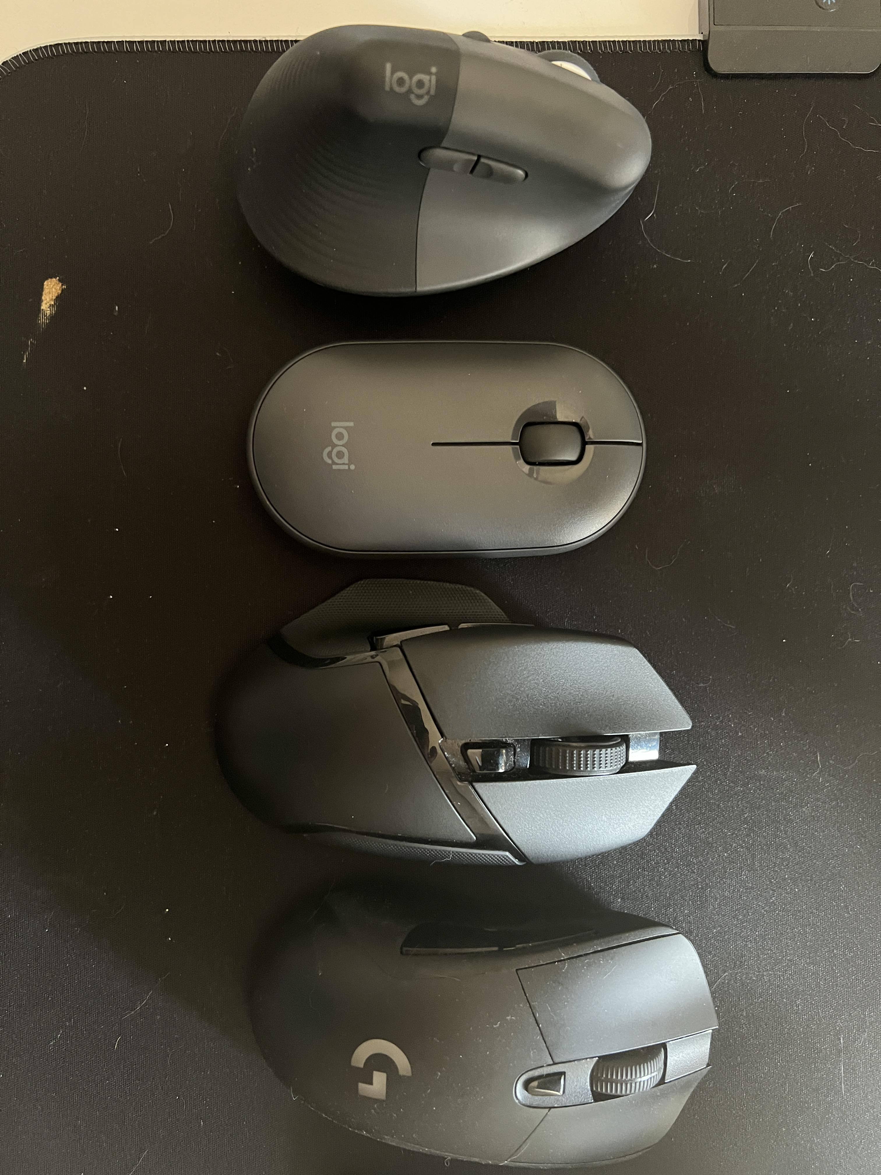 Left to Right: Lift Ergo, Logitech Pebble, Razer Basilisk X Hyperspeed, Logitech Lightspeed G703, click to load a larger version