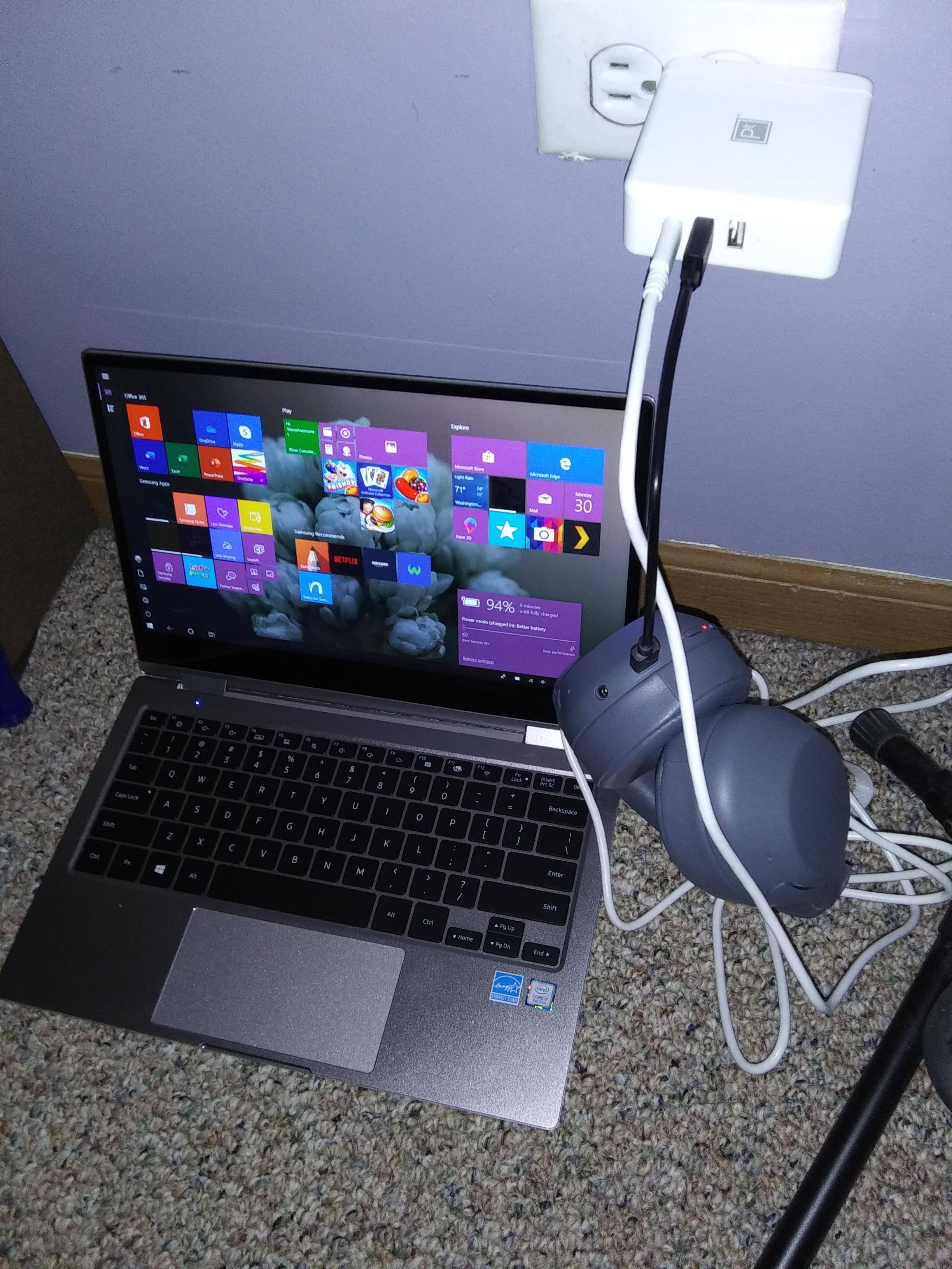 Laptop and Headphones being Charged, click to load a larger version