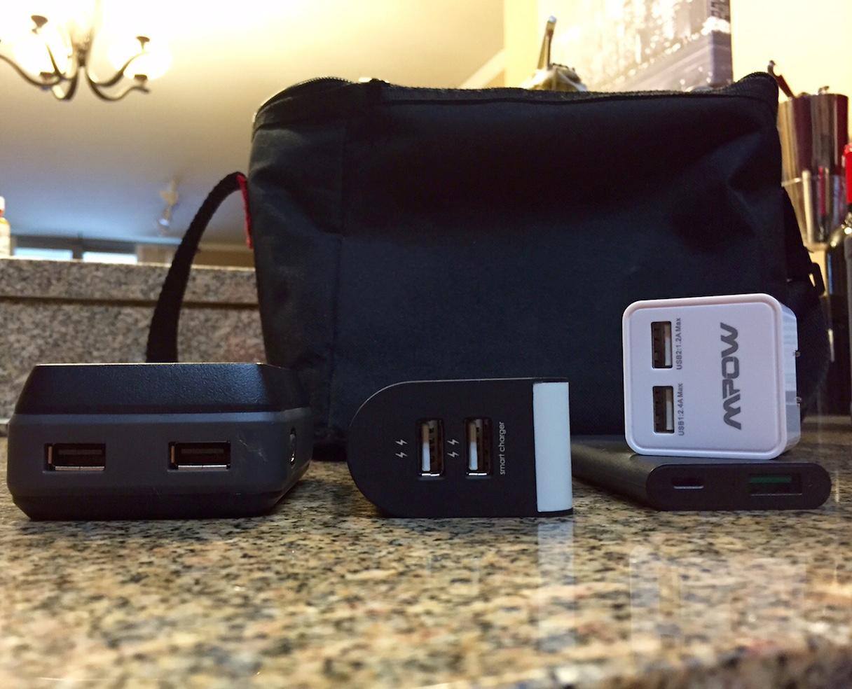 From L to R: NewTrent TravelPak+, Sharkk Dual USB travel charger, Aukey N30 + MPow dual usb charger, click to load a larger version