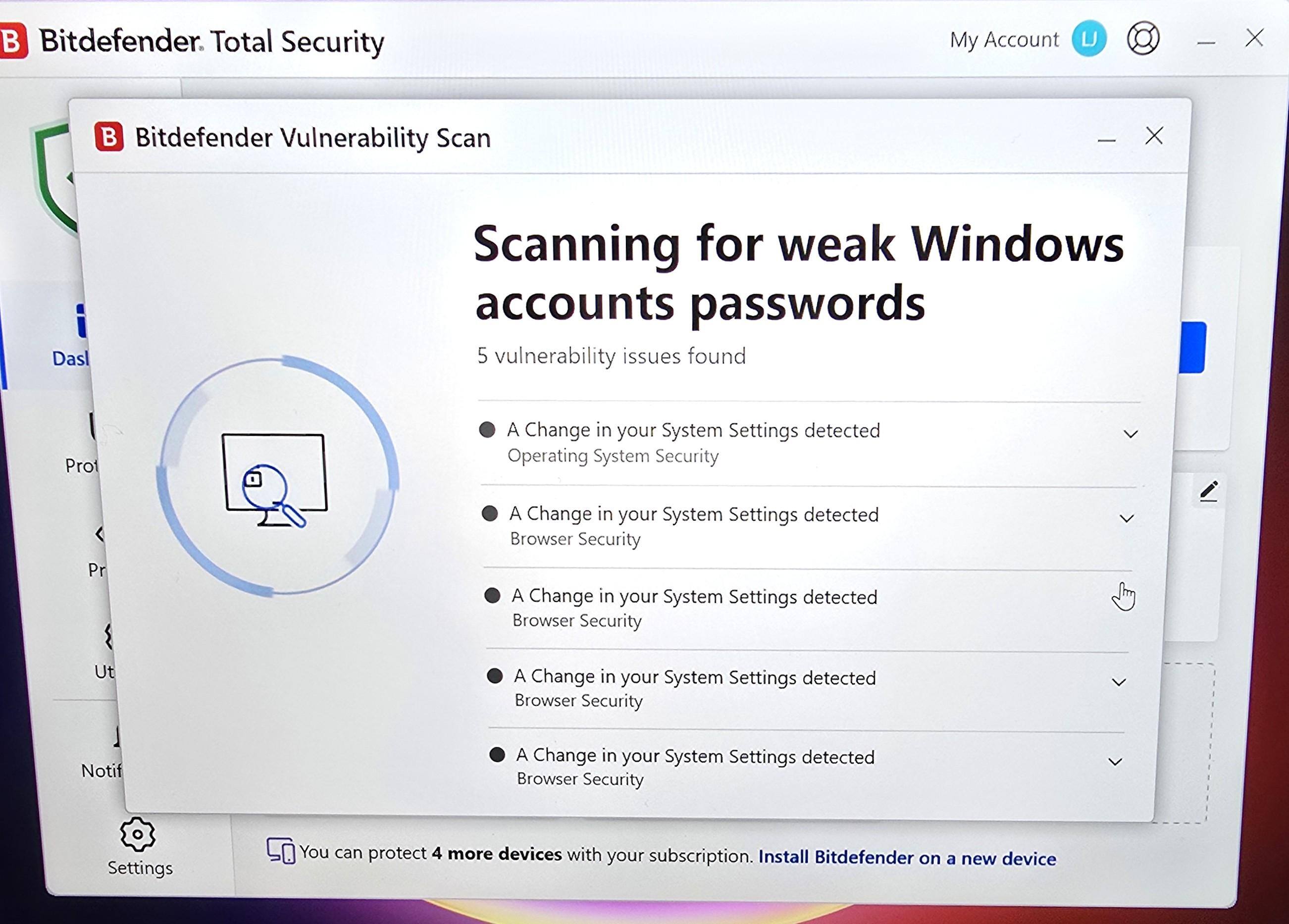 Bitdefender's Total Security Scanning for Weak Passwords Screen, click to load a larger version