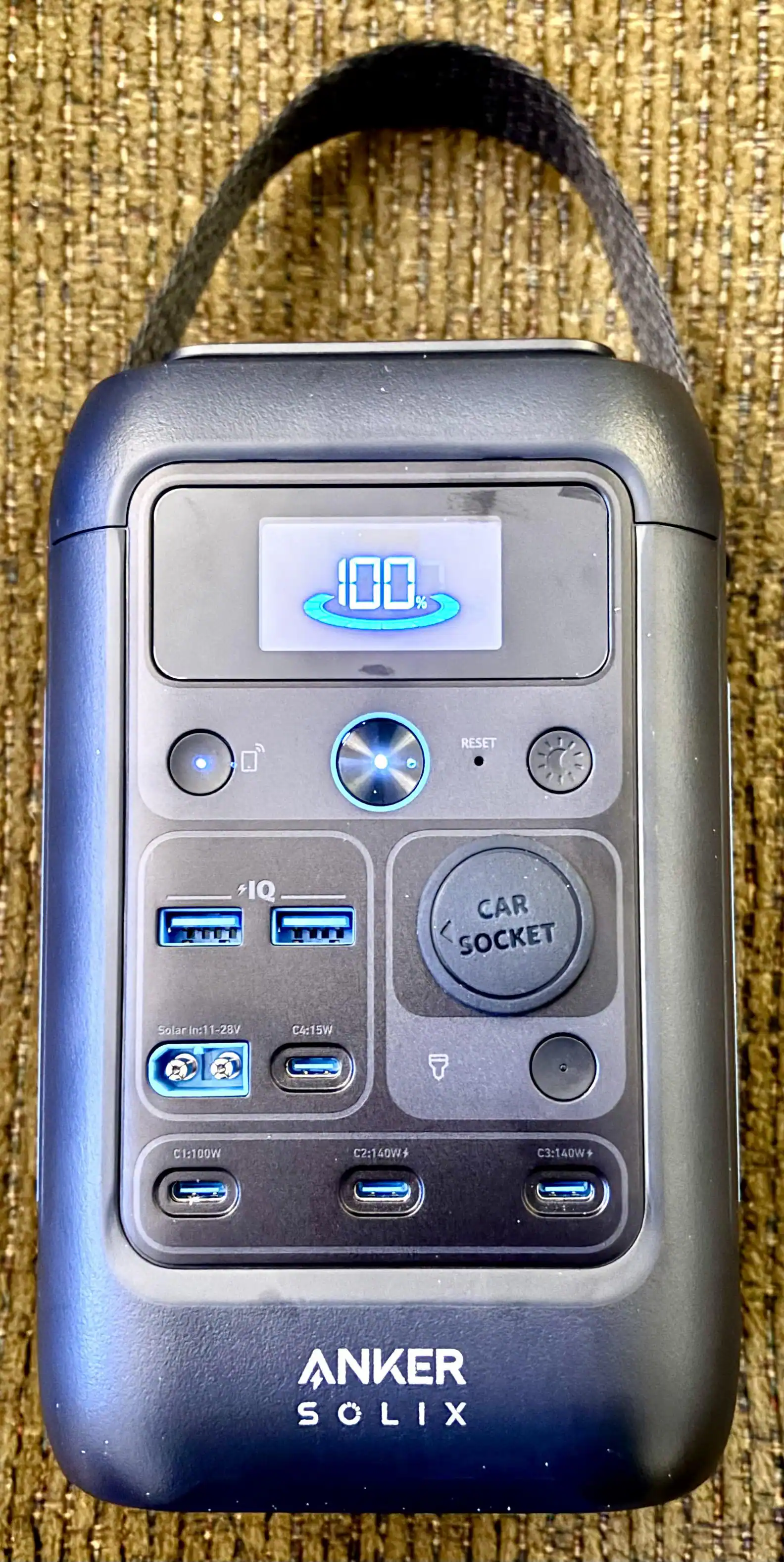 Lots of ports for USB-A and USB-C devices as well as a car port and port for a solar panel.  The digital readout is easy to read., click to load a larger version