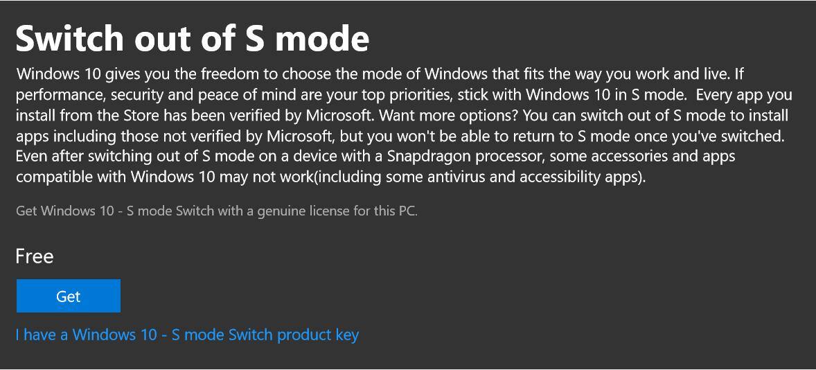 Exiting Windows 10 S Mode, click to load a larger version