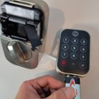 Emergency backup power battery terminal demo. Hold a 9V battery (orientation agnostic) to the two contacts under the face of the keypad to power it and enter an unlock code. Batteries not installed to simulate flat battery situation., click to load a larger version