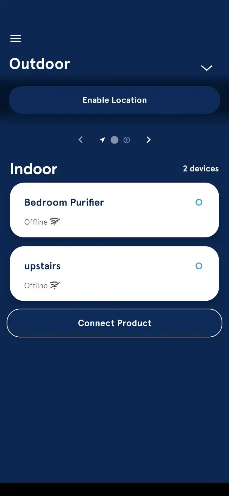 Start up screen to add a device, also shows outdoor air quality if location data is enabled., click to load a larger version