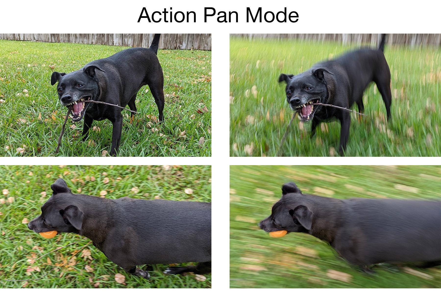 2 sets of Action Pan Mode images, showing both the effect and unaffected photos., click to load a larger version