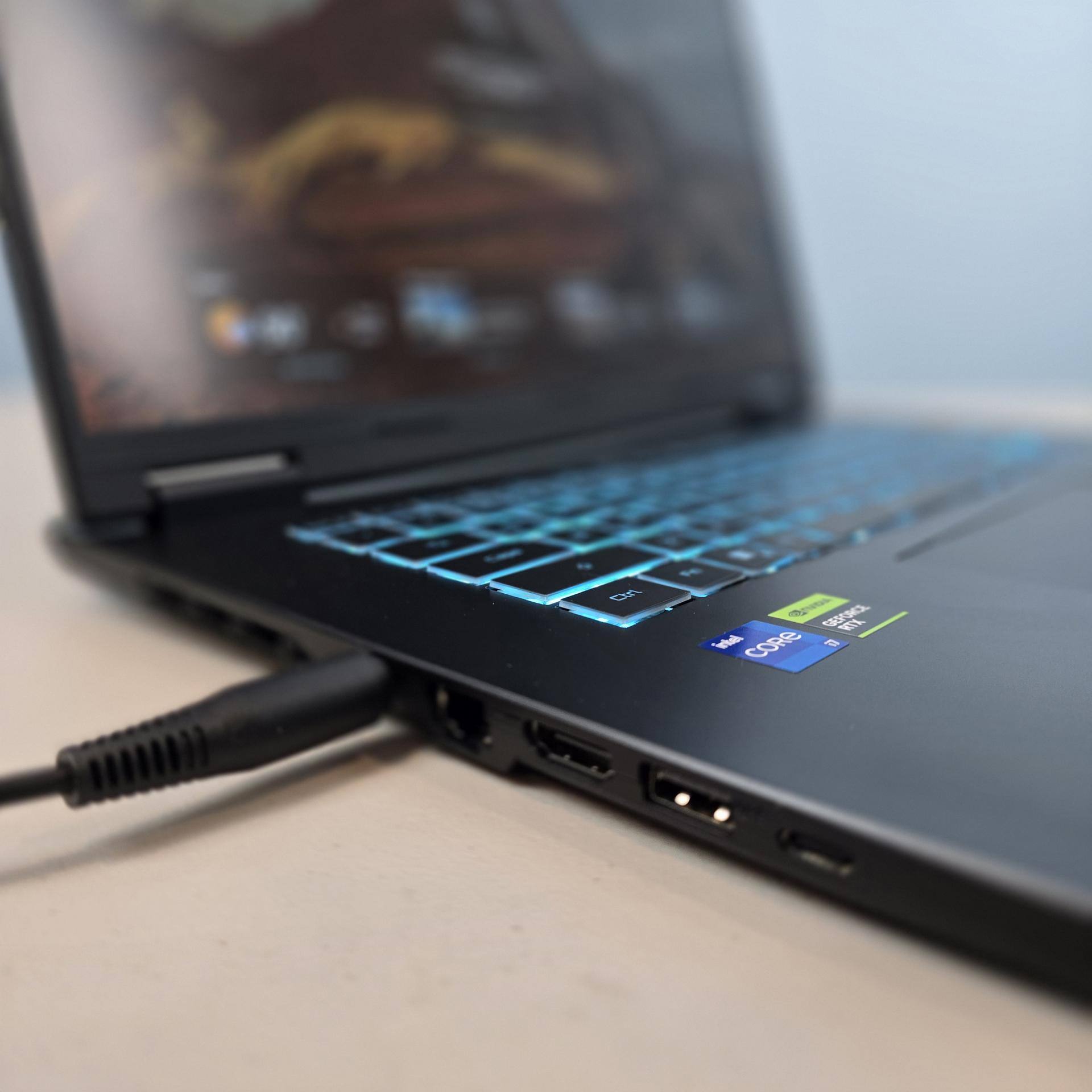 Left-hand side I/O ports: power, Ethernet, HDMI 2.1, USB-A 3.2 Gen1 port, and USB-C 3.2 Gen1 port supporting DP 1.4 and PD 3.0 charging up to 100W, click to load a larger version