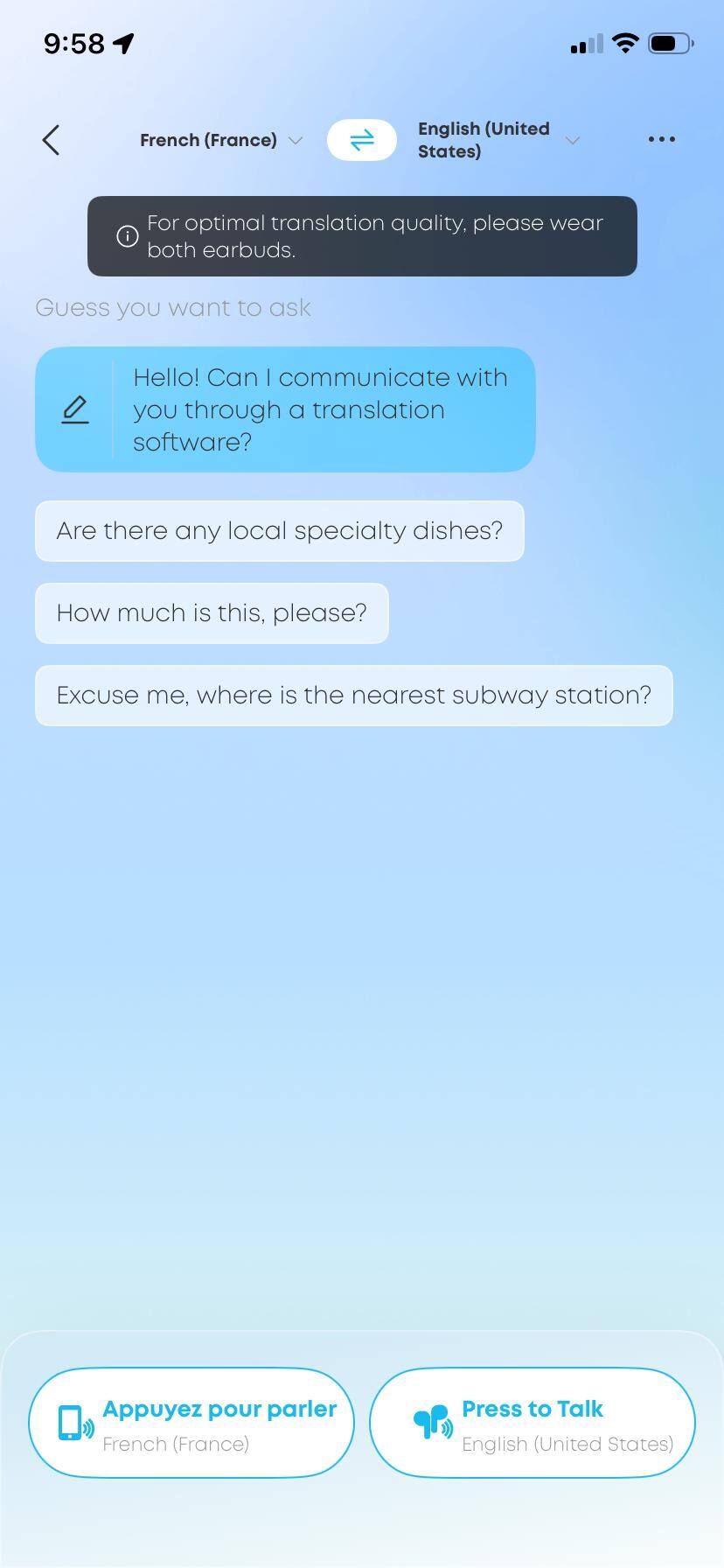 The Face to Face mode also offers some quick messages to help save typing, they change during the conversation., click to load a larger version