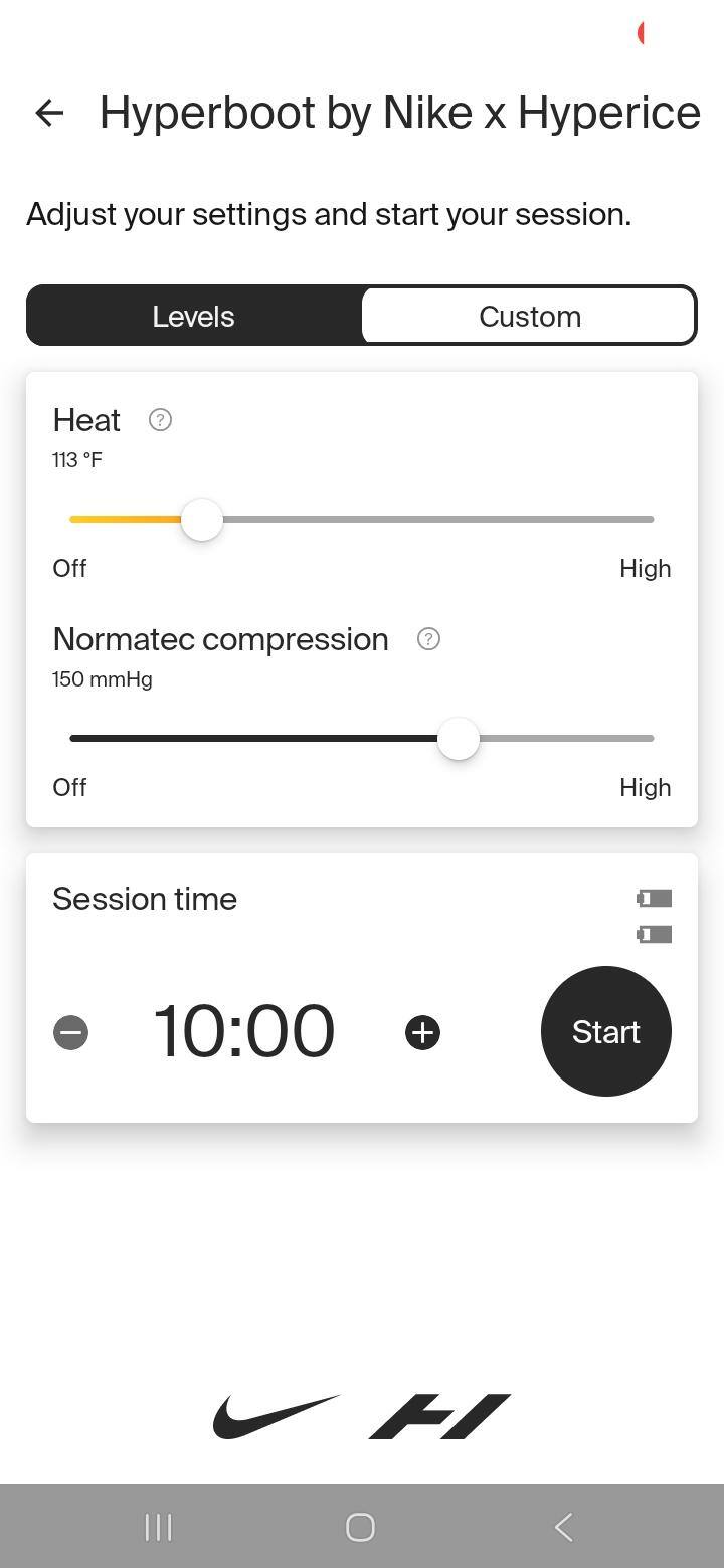 Hyperice mobile app offers remote control over Bluetooth and additional incremental heat/compression settings for fine tuning and customization., click to load a larger version