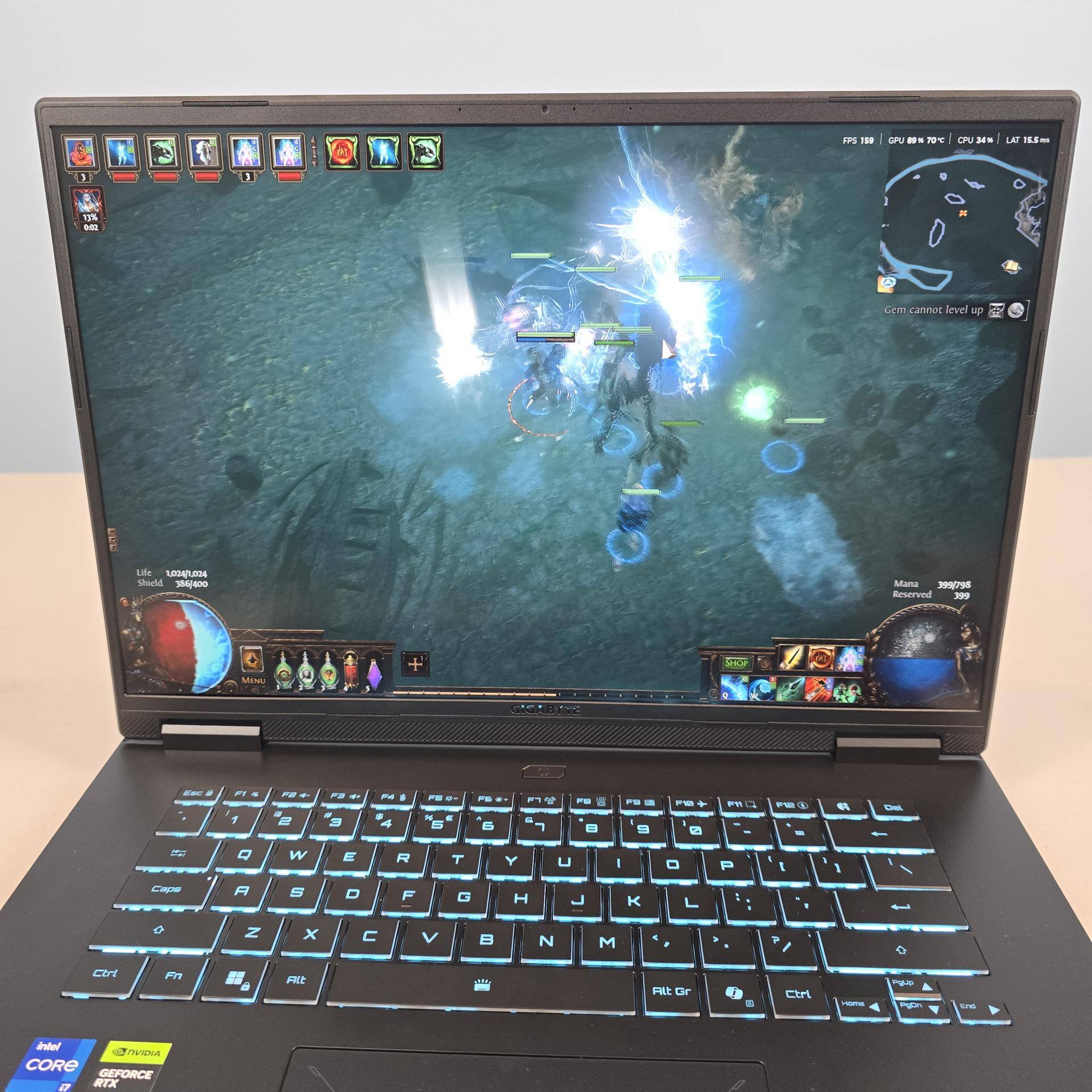 Screenshot while gaming: FPS 159, GPU Temp 70°C at 89% utilization, click to load a larger version