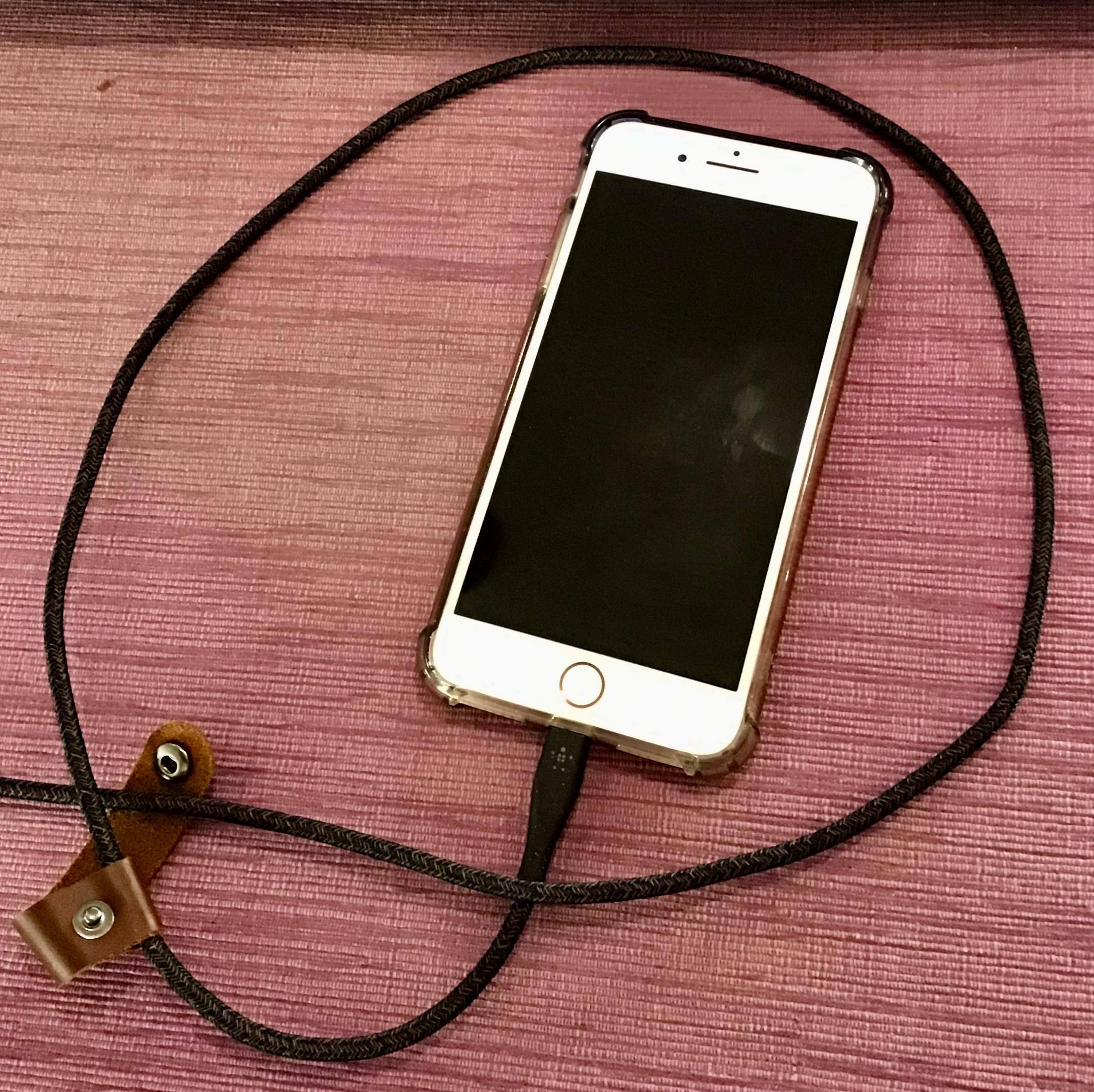iPhone, cable, leather strap, click to load a larger version