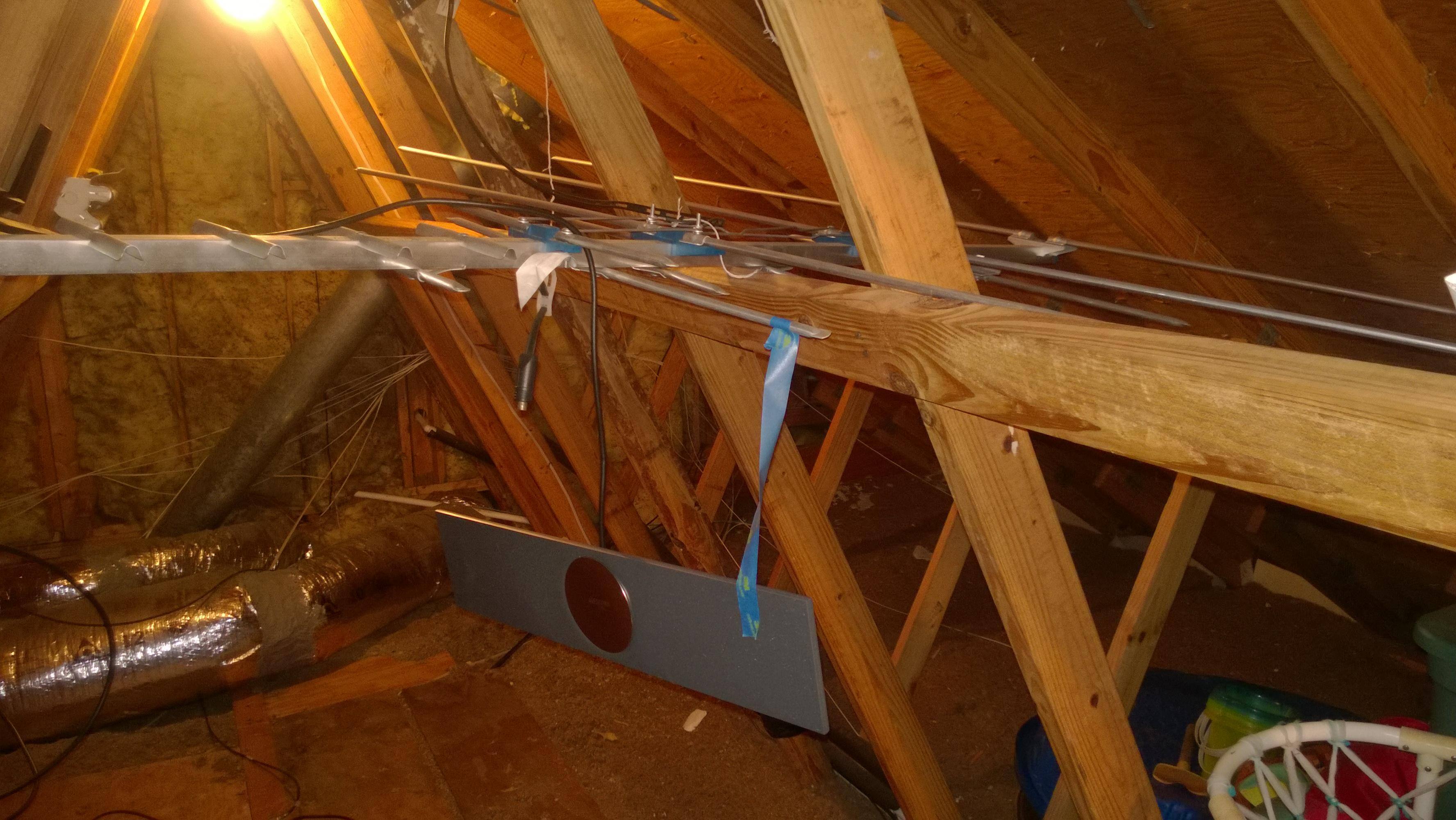 The MOHU hanging beneath the large traditional antenna in the attic., click to load a larger version
