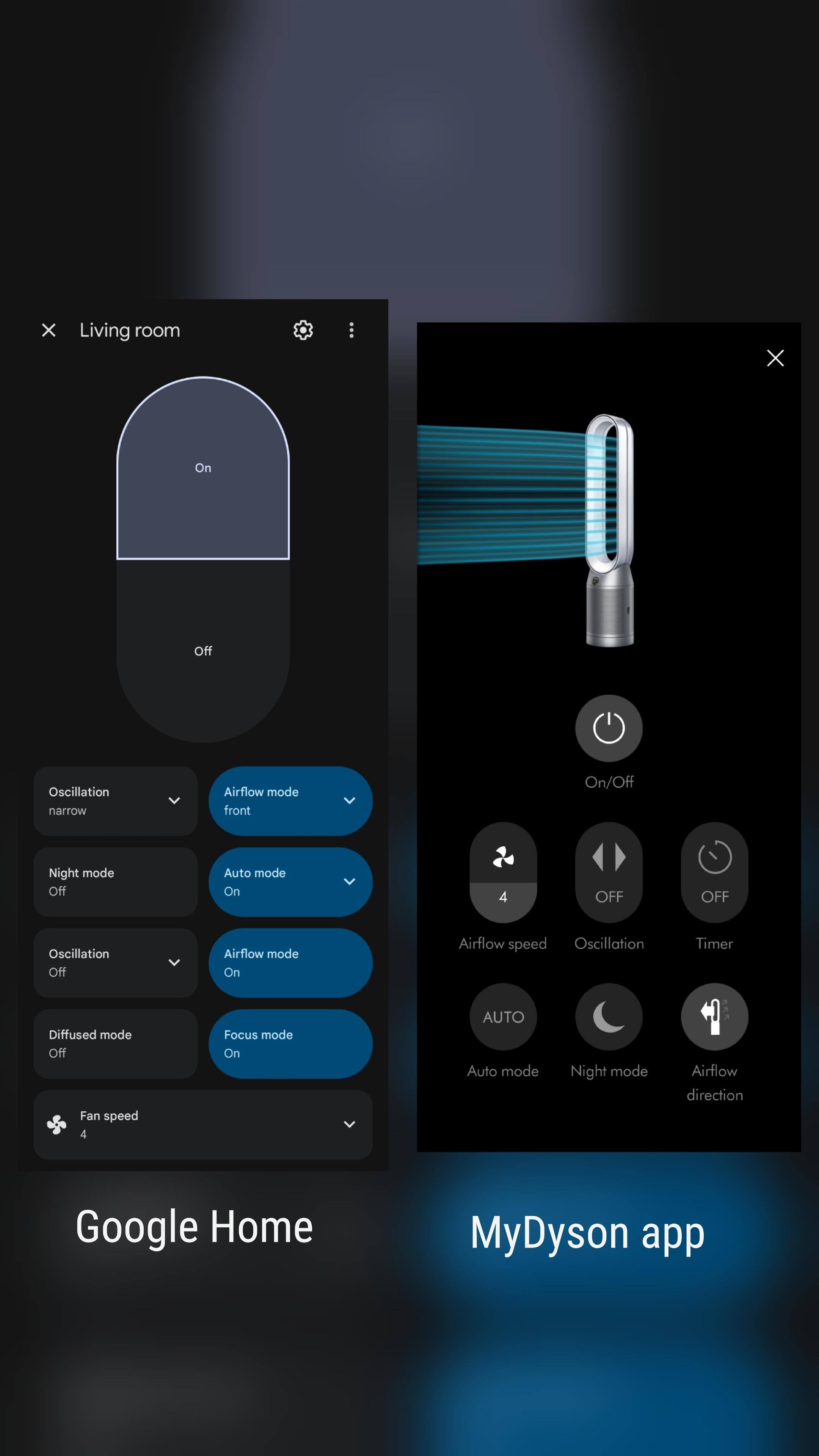 Google Home vs MyDyson app, click to load a larger version