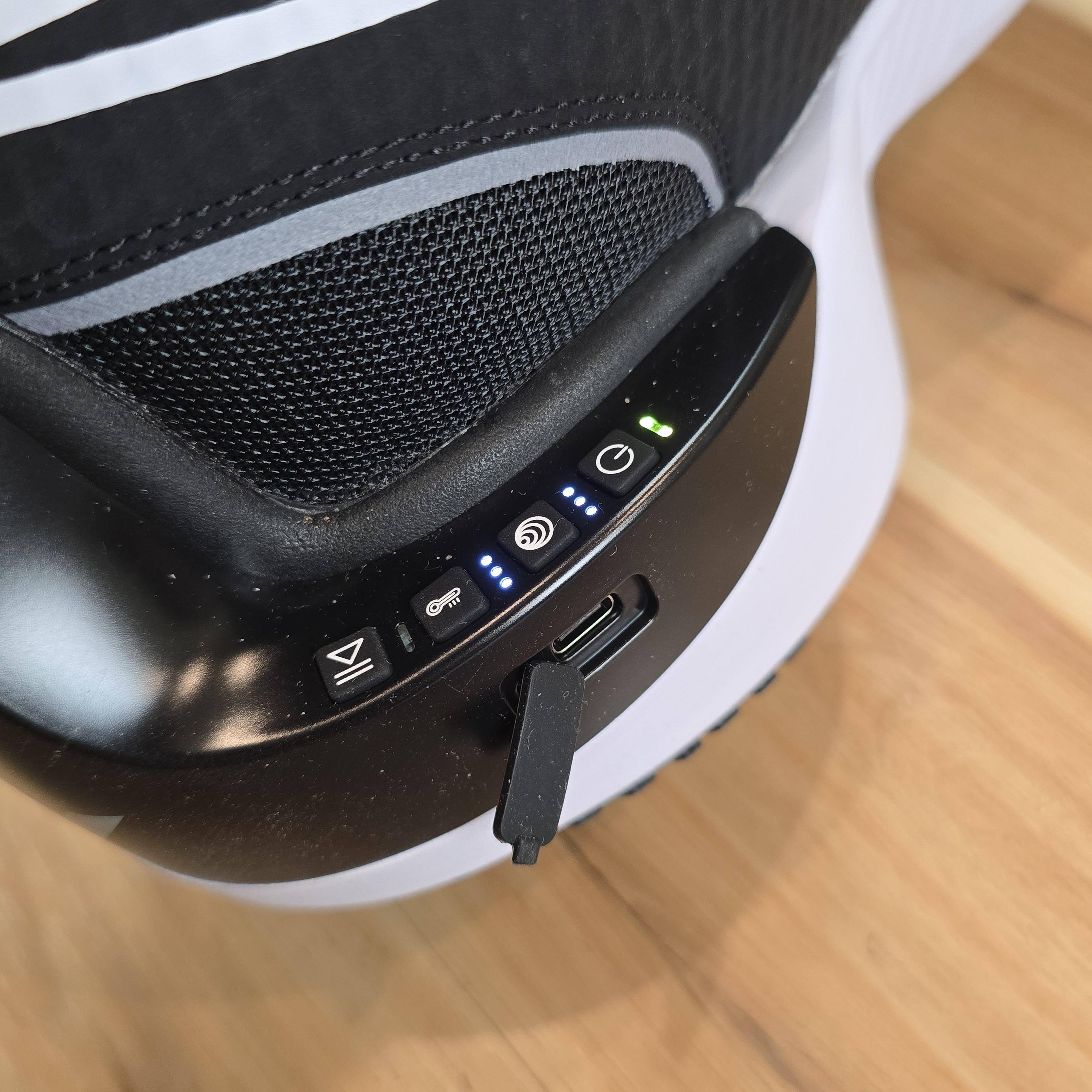 On-board control panel on the left shoe with USB charging port below, click to load a larger version