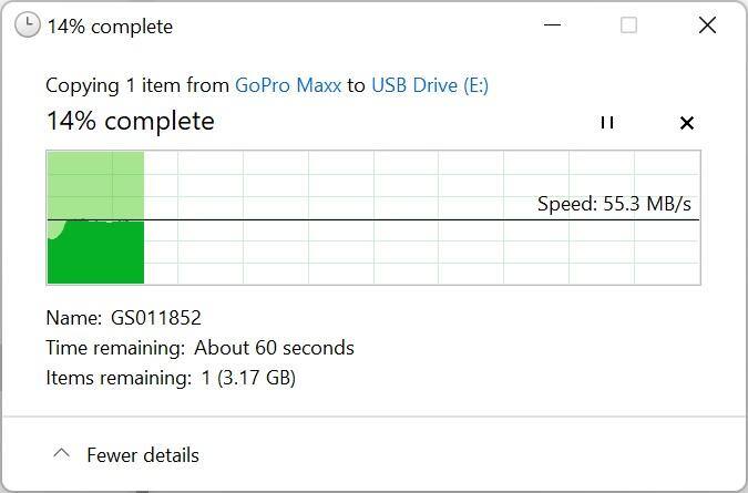 Example of real world speeds, transferring of 3 GB video file, click to load a larger version