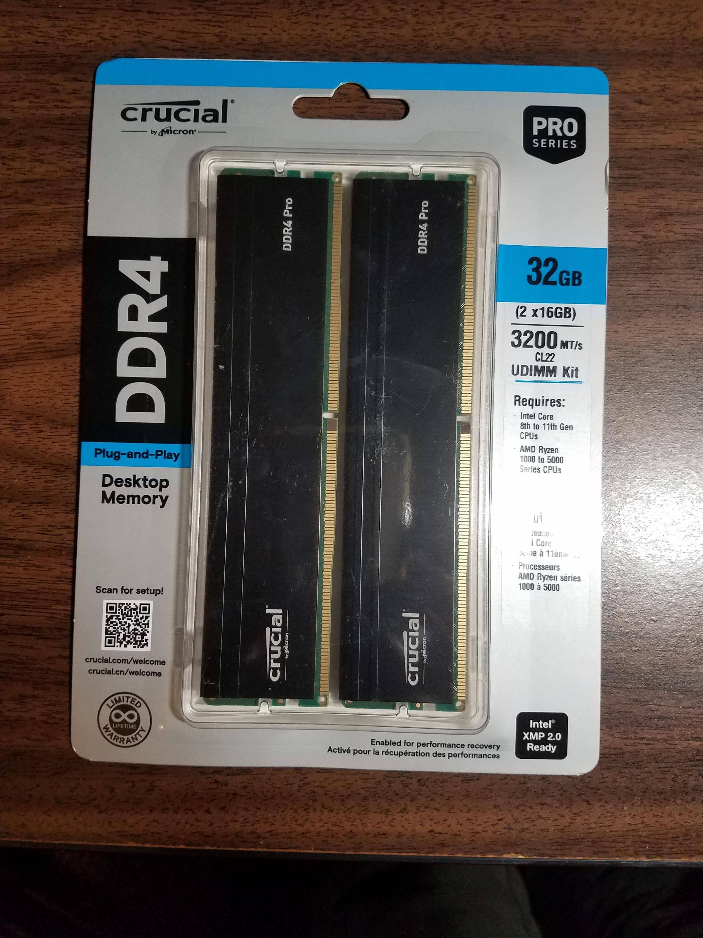 Crucial Pro 32GB Kit (2x16GB) DDR4 3200MHz C22 UDIMM Desktop