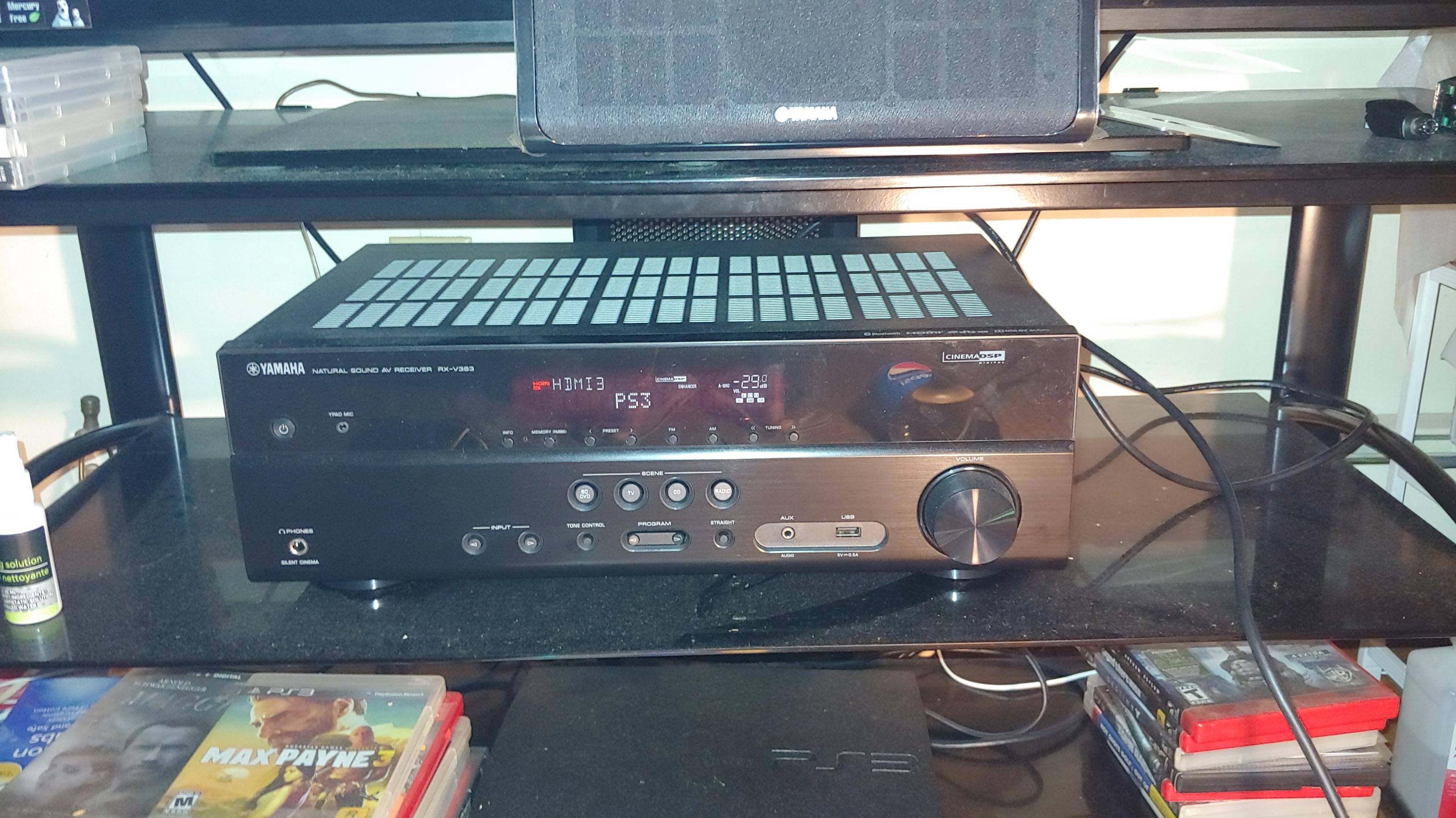 Yamaha Surround sound system allows me to control cable, PS4, Bluetooth and my laptop, all with one remote., click to load a larger version