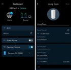 Linksys mobile app screenshots: dashboard view (left) and individual node management page (right), click to load a larger version