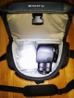 Top View: 215mm lens on left, under the divider. Camera on the right, laying on its side for quickest access to the grip. I placed the smaller divider placed behind the screen., click to load a larger version