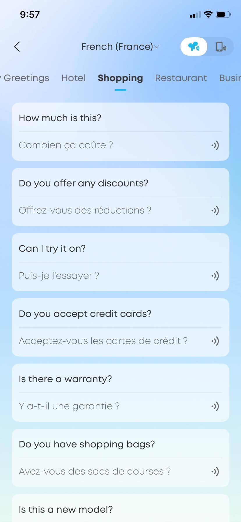 The app has contextual learning also with commonly spoken phrases broken into sections by settings where they might be used., click to load a larger version