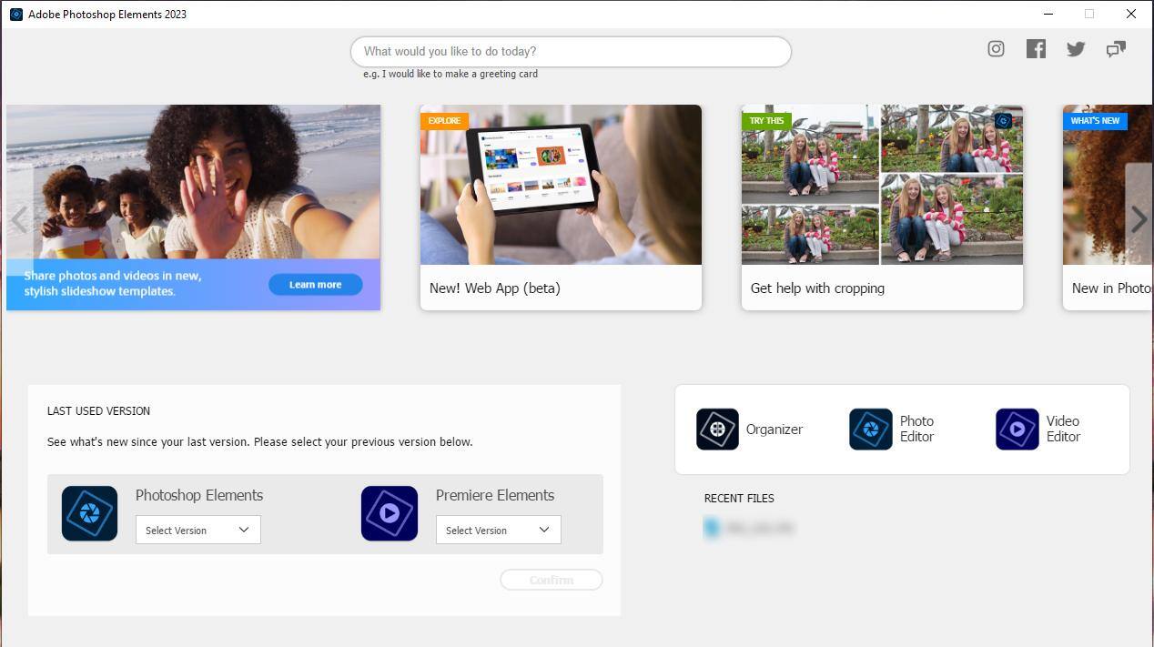 The Elements welcome screen gives you access to tips, guides, and lets you enter the Photo or Video programs should you have that one., click to load a larger version