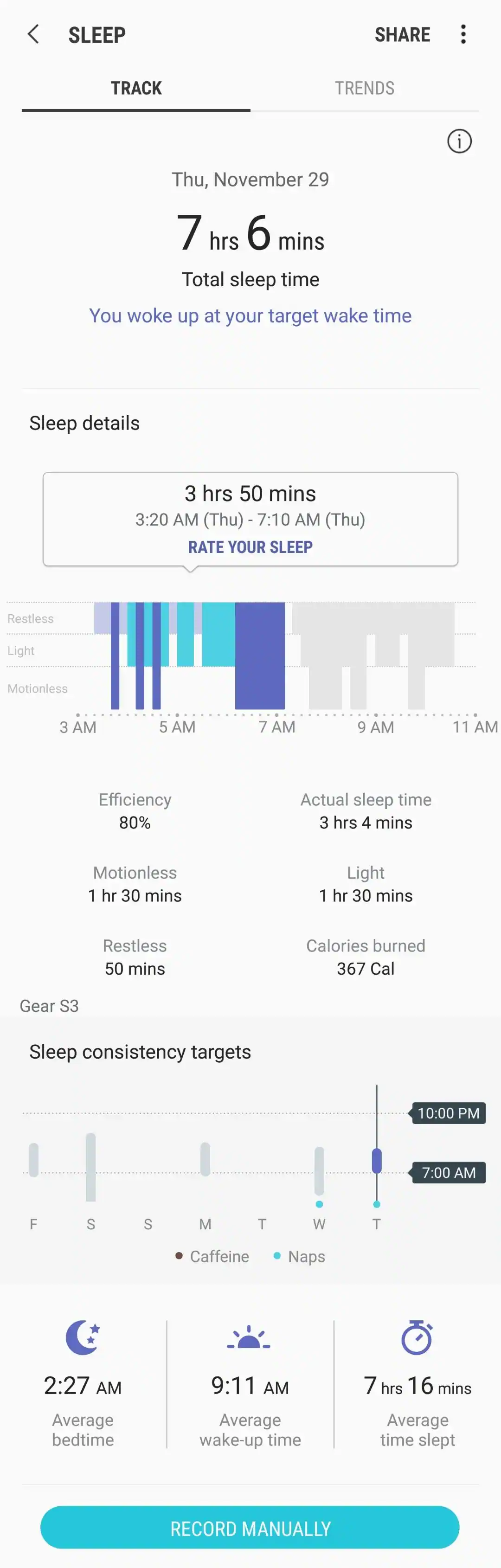 Details in S Health app on phone, click to load a larger version