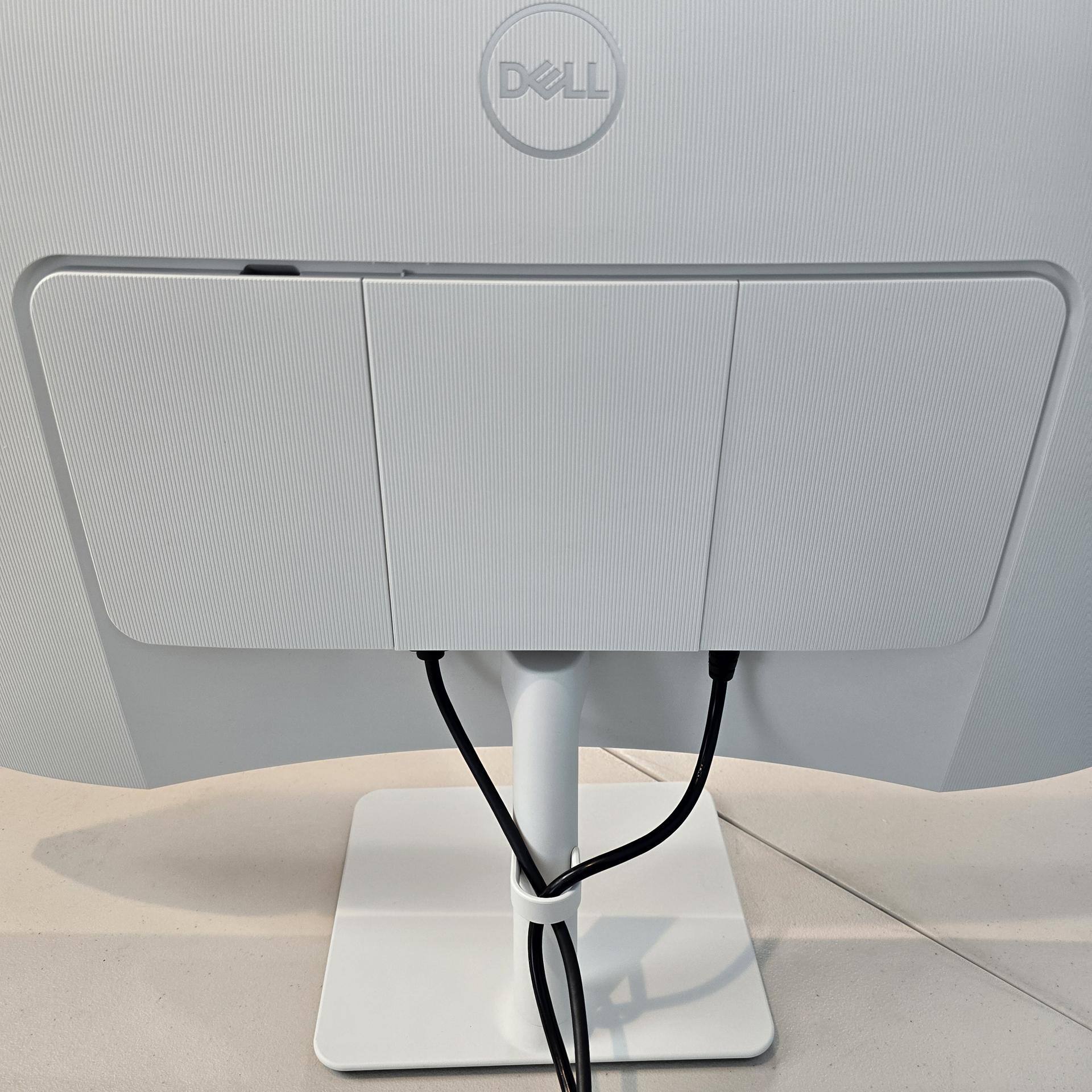 Rear I/O panel and VESA 100 mount, covers installed with HDMI 1 and power cables fed through cable management clip at the back of the stand, click to load a larger version