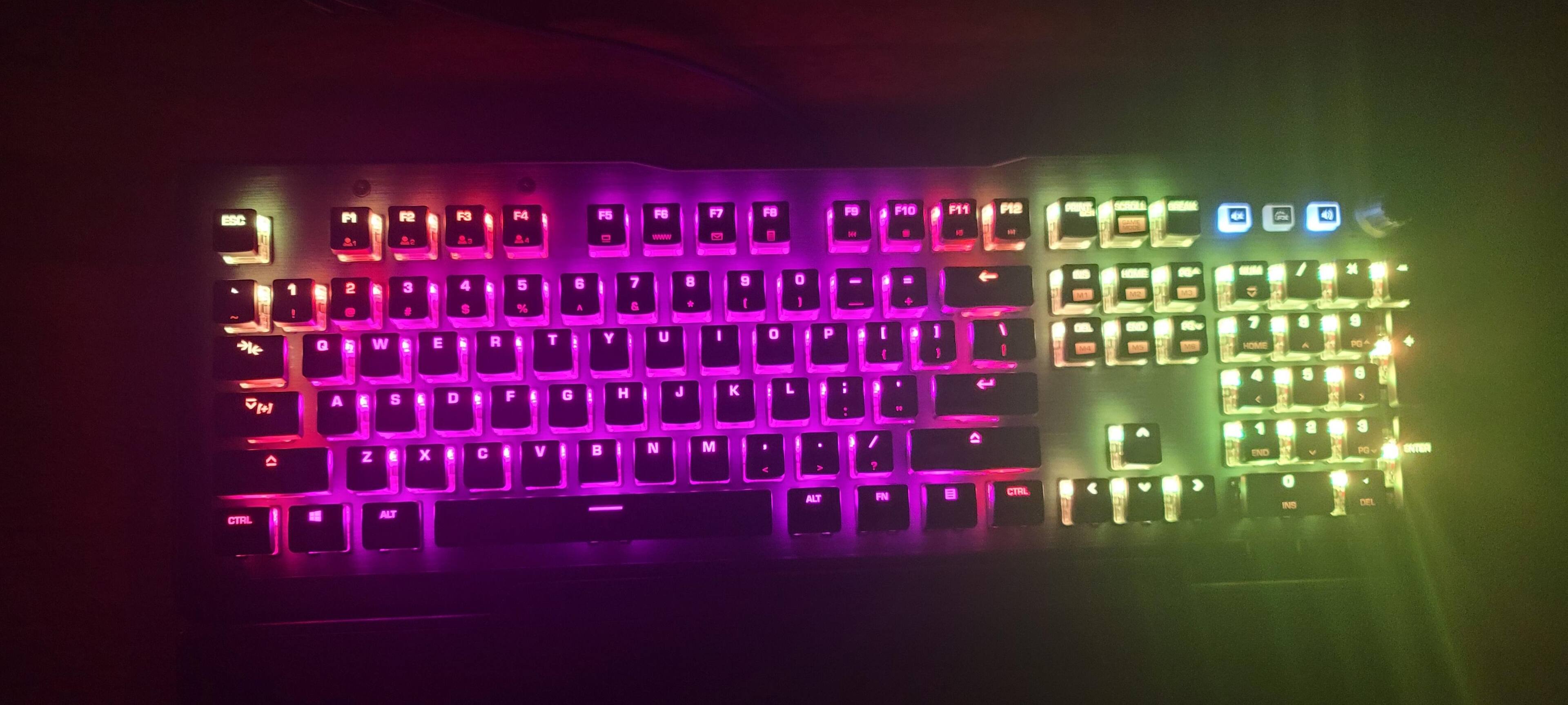 Flip on the RGB lighting - and you can light up the area around you for aa good 5-10 feet away ..thanks to the low profile keycap design., click to load a larger version