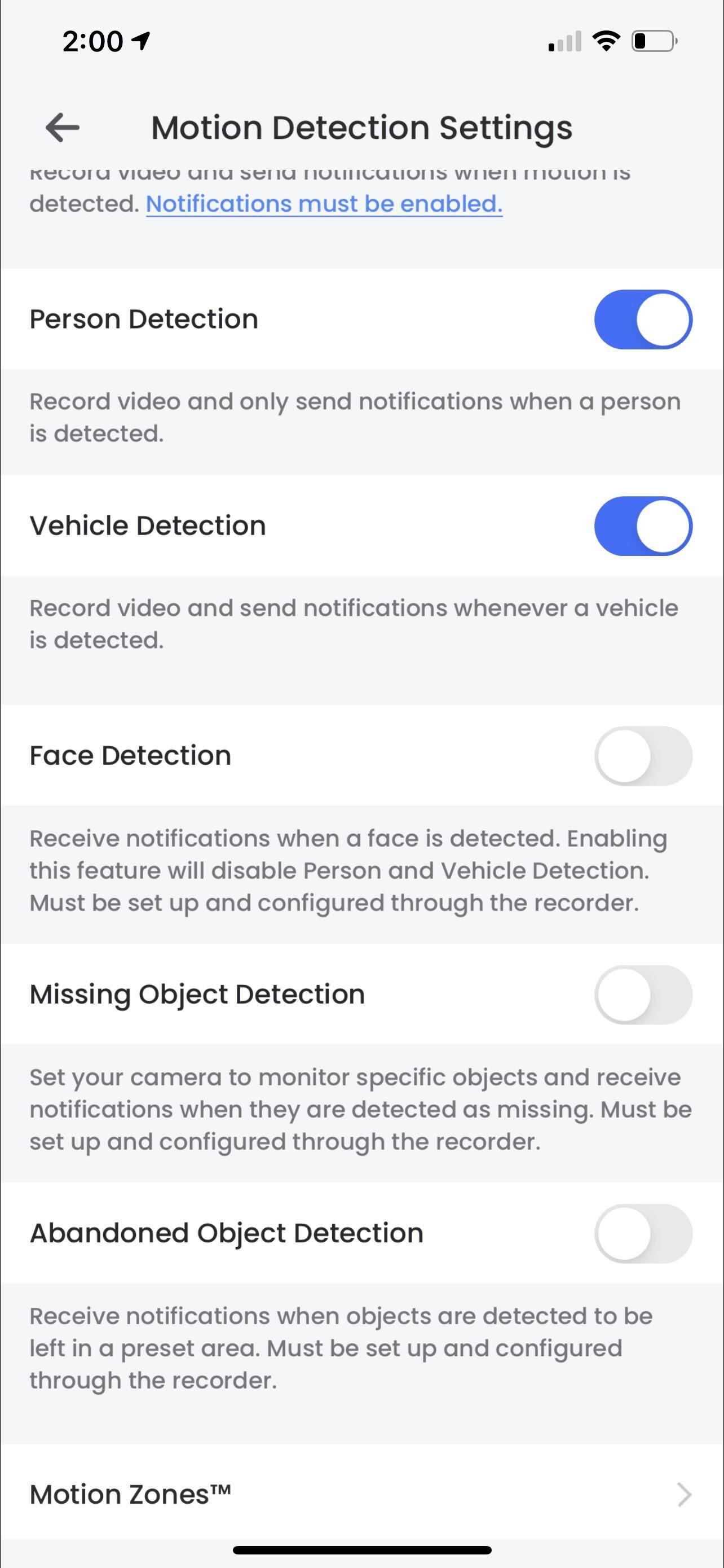 Detections settings withing app, click to load a larger version