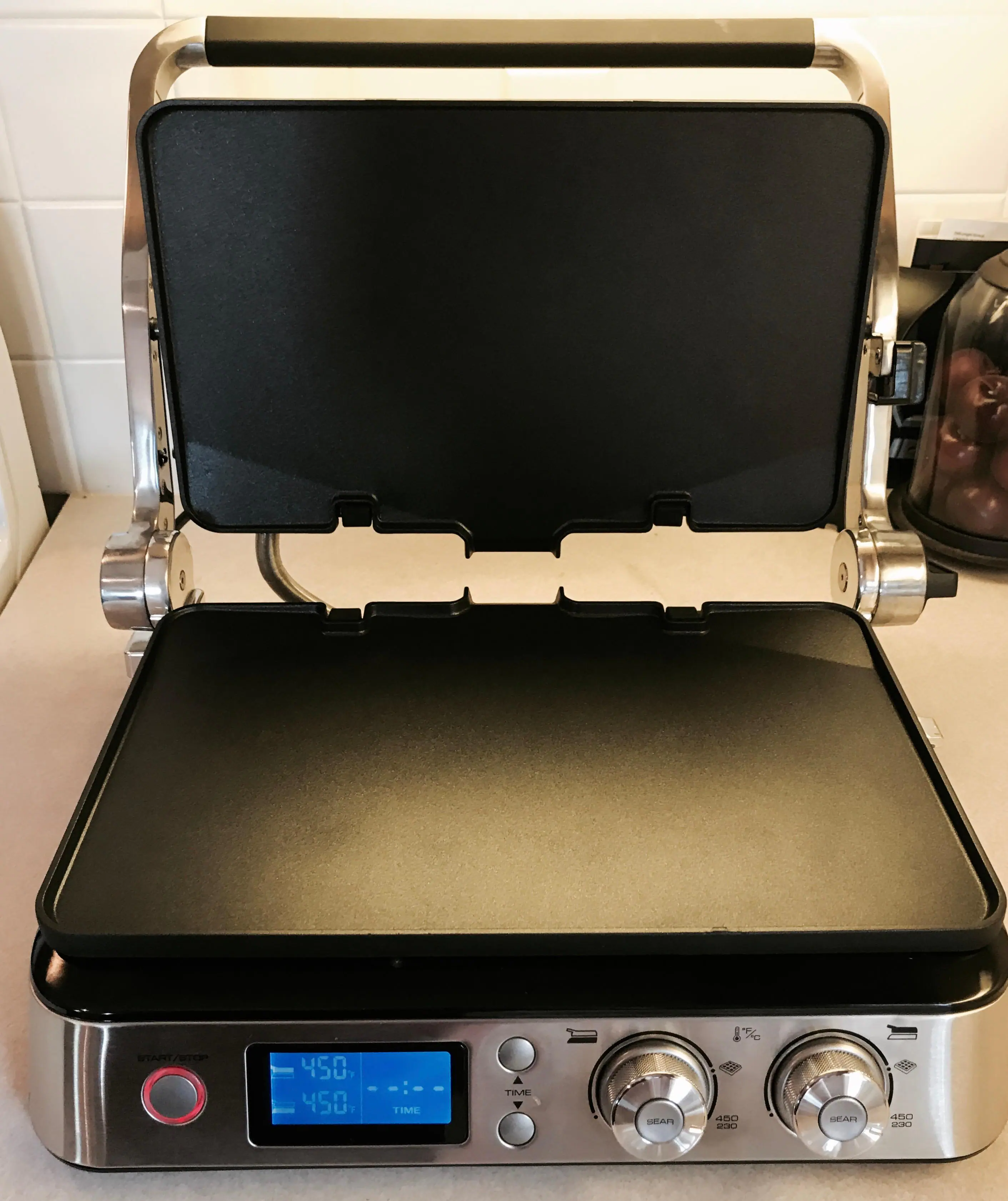 View of the grill open with the griddle plates attached, click to load a larger version