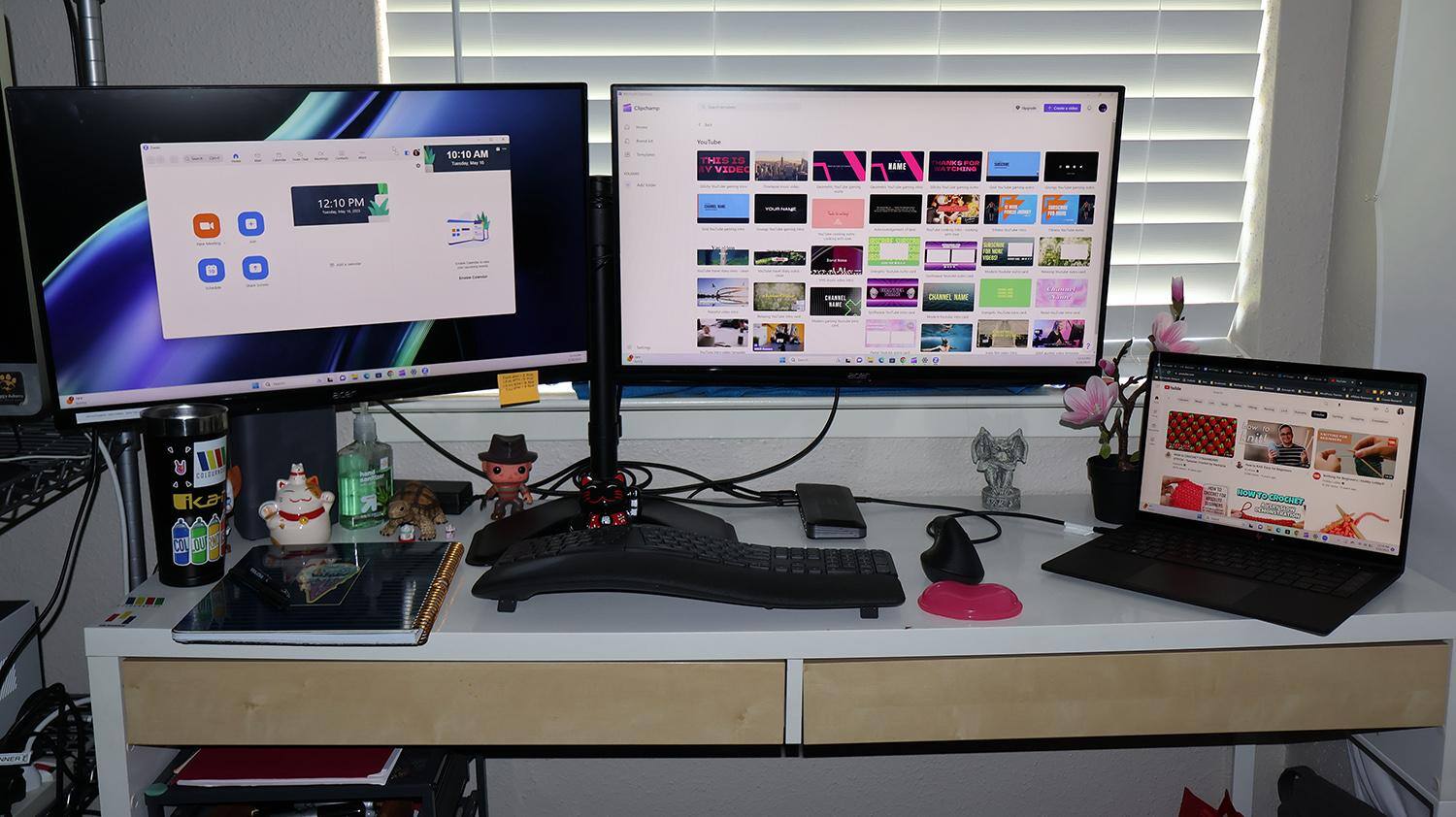 HP Dragonfly Pro laptop on a desk connected to 2 external displays, click to load a larger version