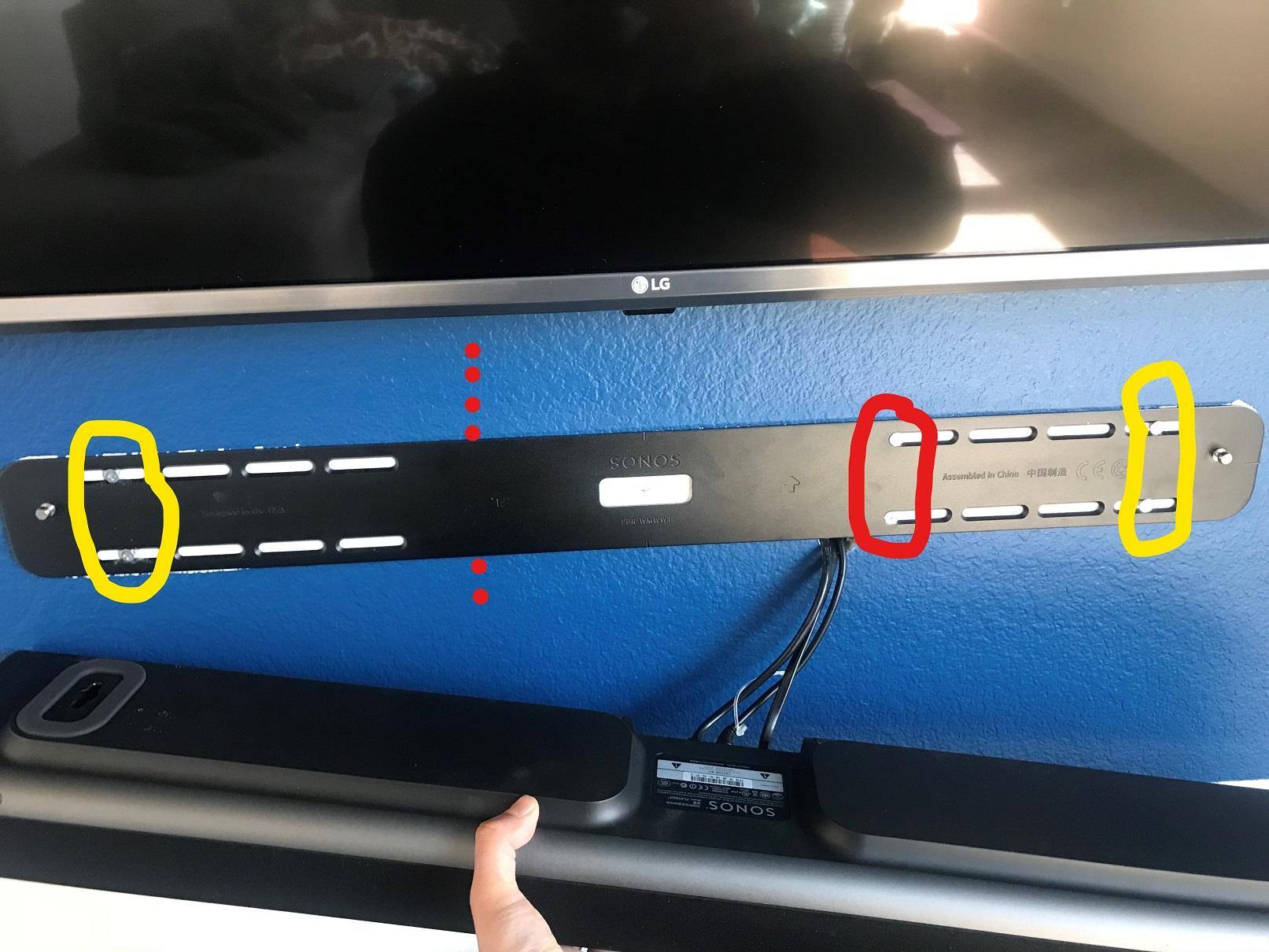 Red - in stud, Yellow in dry wall. Lack of holes in the middle prevented mounting on second stud. Other studs were out reach of mount, click to load a larger version