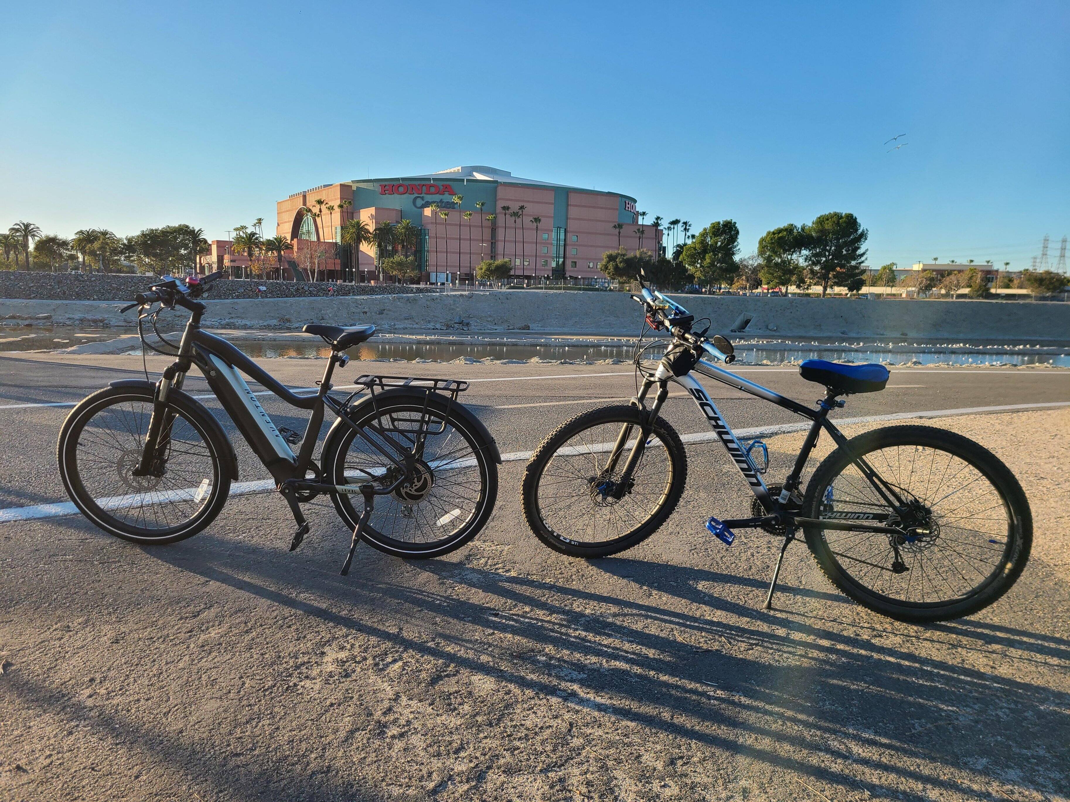 Aventon Level next to my Schwinn Al Comp MTB, click to load a larger version