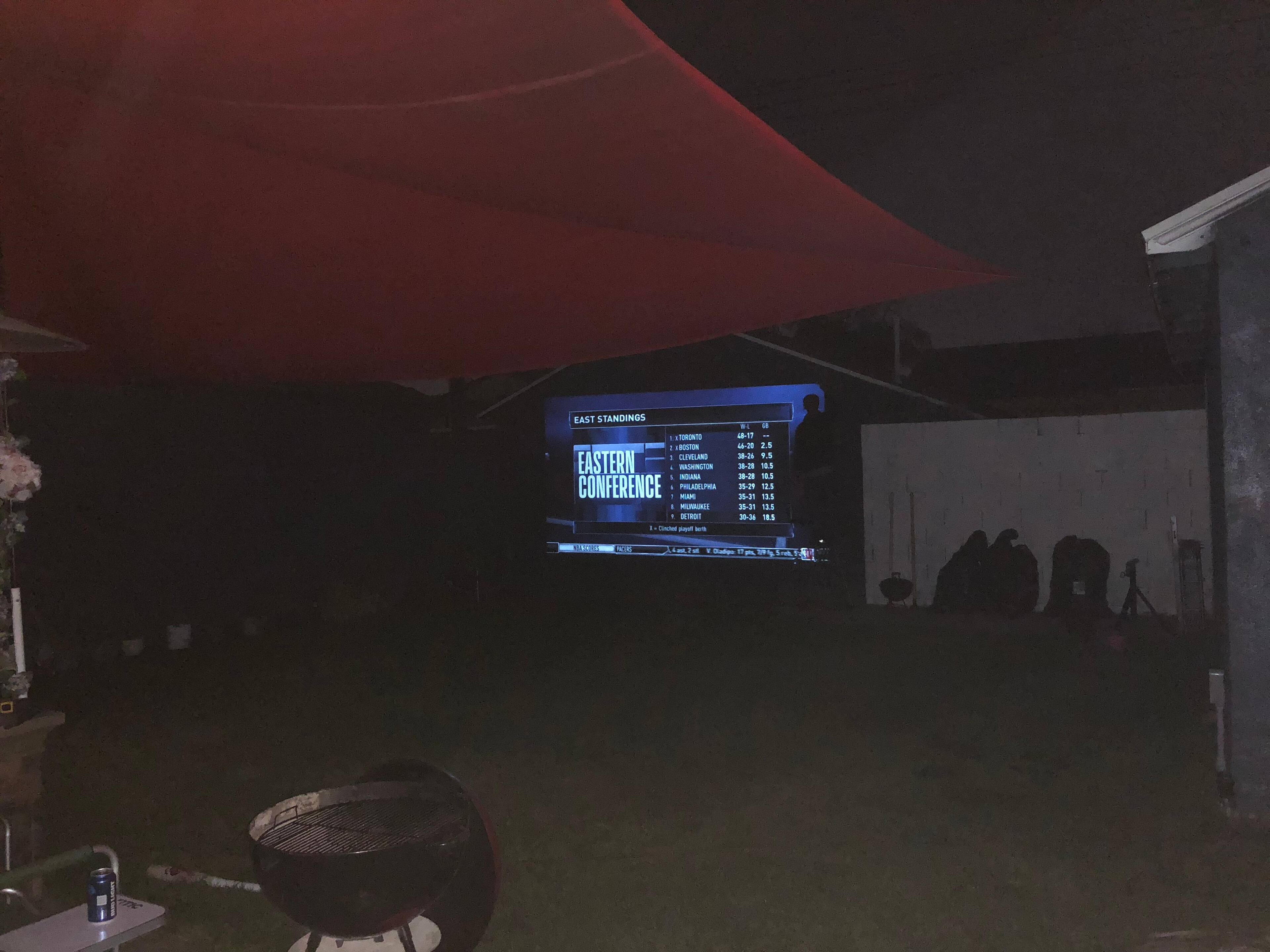 Roughly 36' away, that's 186" display 30" away from the projector... This bad boy can go up to 300" and it's very clear!, click to load a larger version