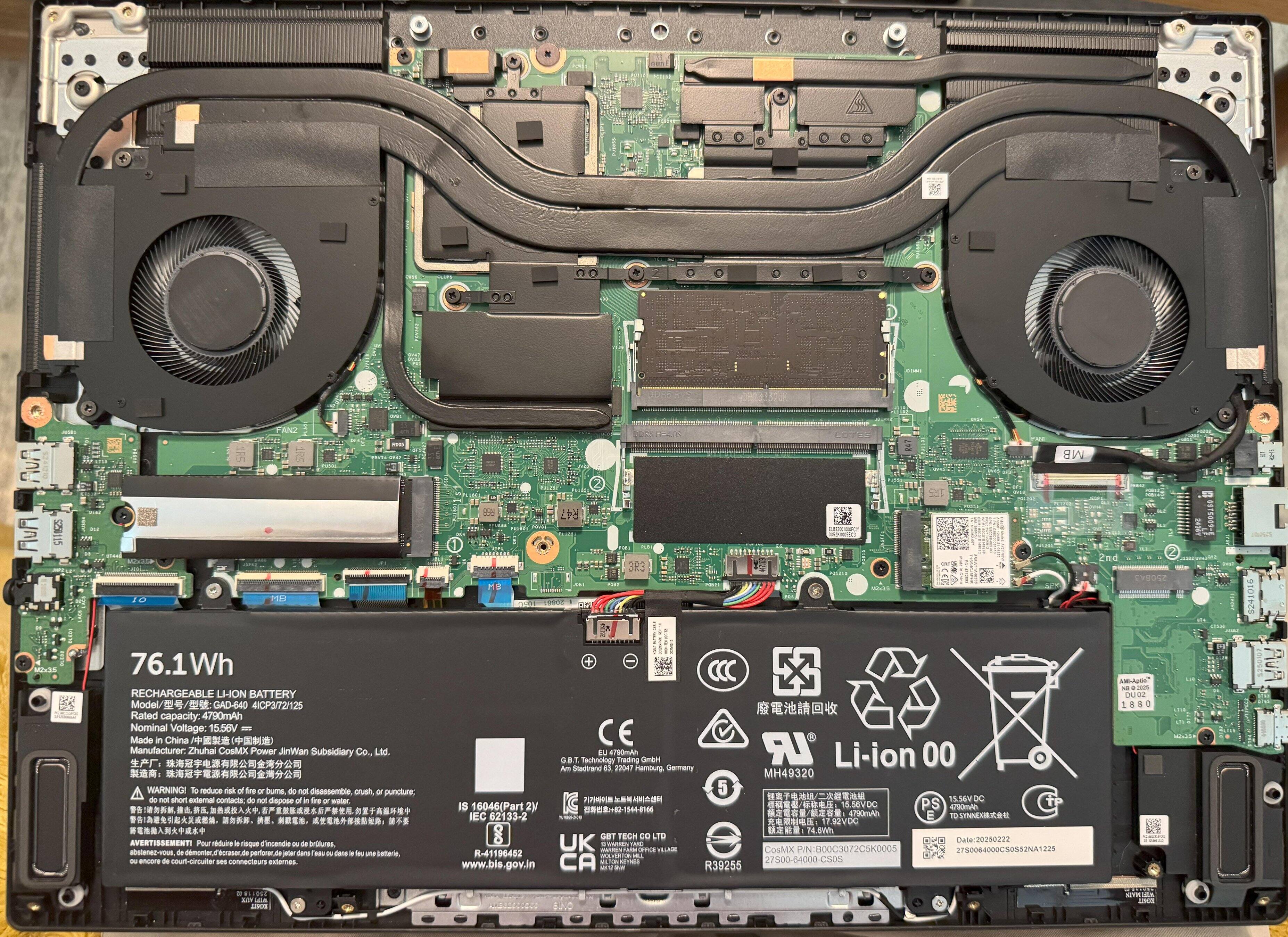 Inside of the laptop - note that the second M.2s slide is over on the right next to the battery not above it., click to load a larger version