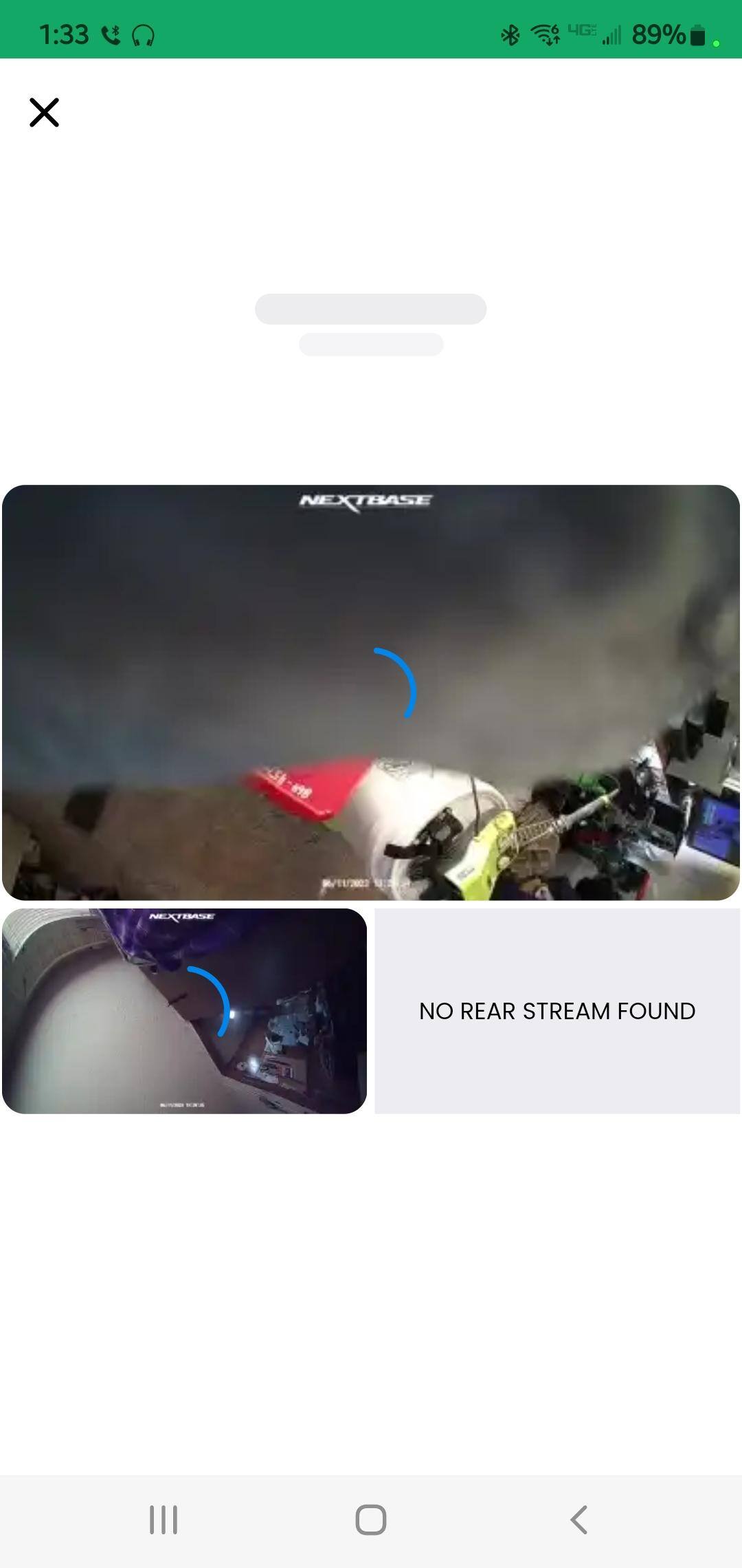 Second most common screen appearance when trying to access "Live View" through the app with EXCELLENT Cell reception on both the phone and the NEXTBASE Camera. It will try to connect and play 1-2 clip of something from a long time prior. NOT LIVE!, click to load a larger version