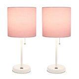 Limelights - White Stick Lamp with USB charging port and Fabric Shade 2 Pack Set - Light Pink