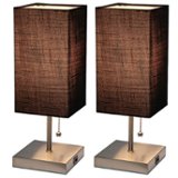 Simple Designs - Petite Stick Lamp with USB Charging Port and Fabric Shade 2 Pack Set - Brushed Nickel base/Black shade