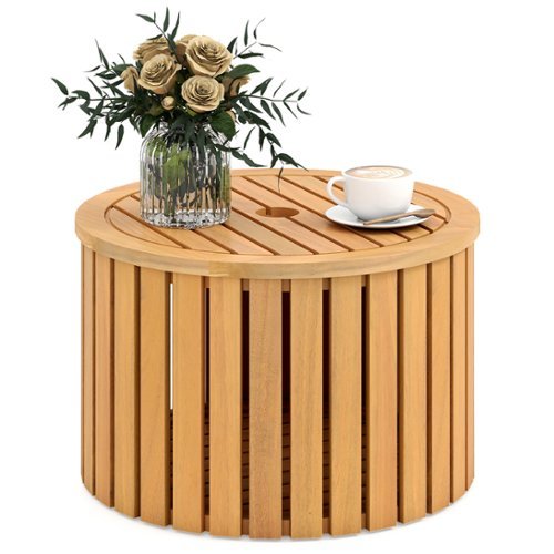 Gymax - 2-in-1 Outdoor Side Table w/Storage Umbrella Hole & Removable Base for Backyard - Brown-Front_Standard 
