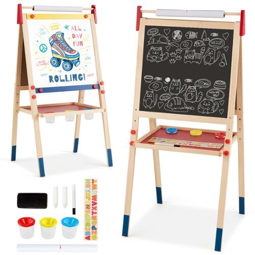 Costway All-in-One Wooden Kid's Art Easel Height Adjustable Paper Roll - Multicolor