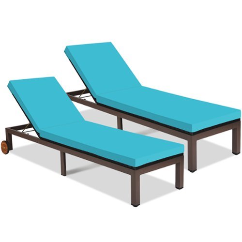 Costway - 2PC Patio Rattan Lounge Chair Chaise Recliner Back Adjustable Cushioned W/Wheels - Turquoise-Front_Standard 