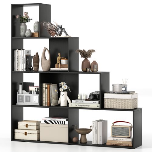 Gymax - 4-Tier Bookshelf w/ 6 Storage Cubes 64'' Tall Modern Geometric Stair Bookcase - Black-Front_Standard 