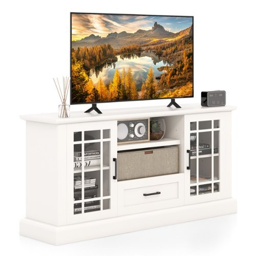 Costway - 63-Inch Modern TV Cabinet TV Console Table w/ 2 Side Cabinets & Drawer Suits 70" Televisions Farmhouse Style - White-Front_Standard 