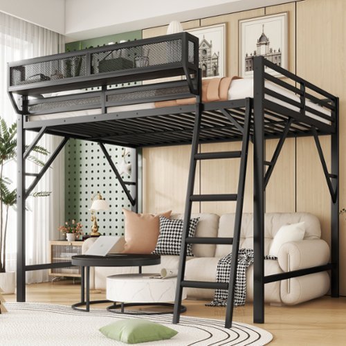 GOODSILO - Full Size Metal Loft Bed with Storage Shelves and Ladder for Kids and Teens - Black-Front_Standard 