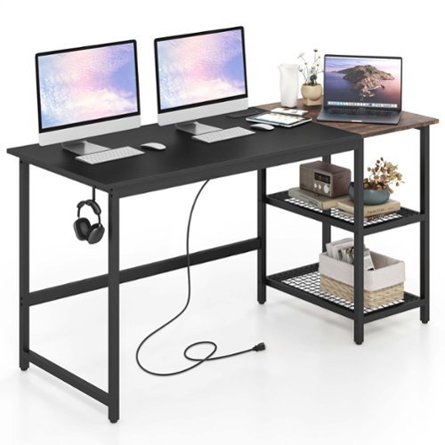 Costway - 59" Computer Desk PC Laptop Workstation with Charging Station and Storage Shelves - Black