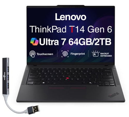  Lenovo - Upgraded - ThinkPad T14 Touchscreen Laptop 14.0 WUXGA Display (Ultra 7-255U, 64GB, 2TB SSD, Win 11 Pro) w/USB Hub - Black